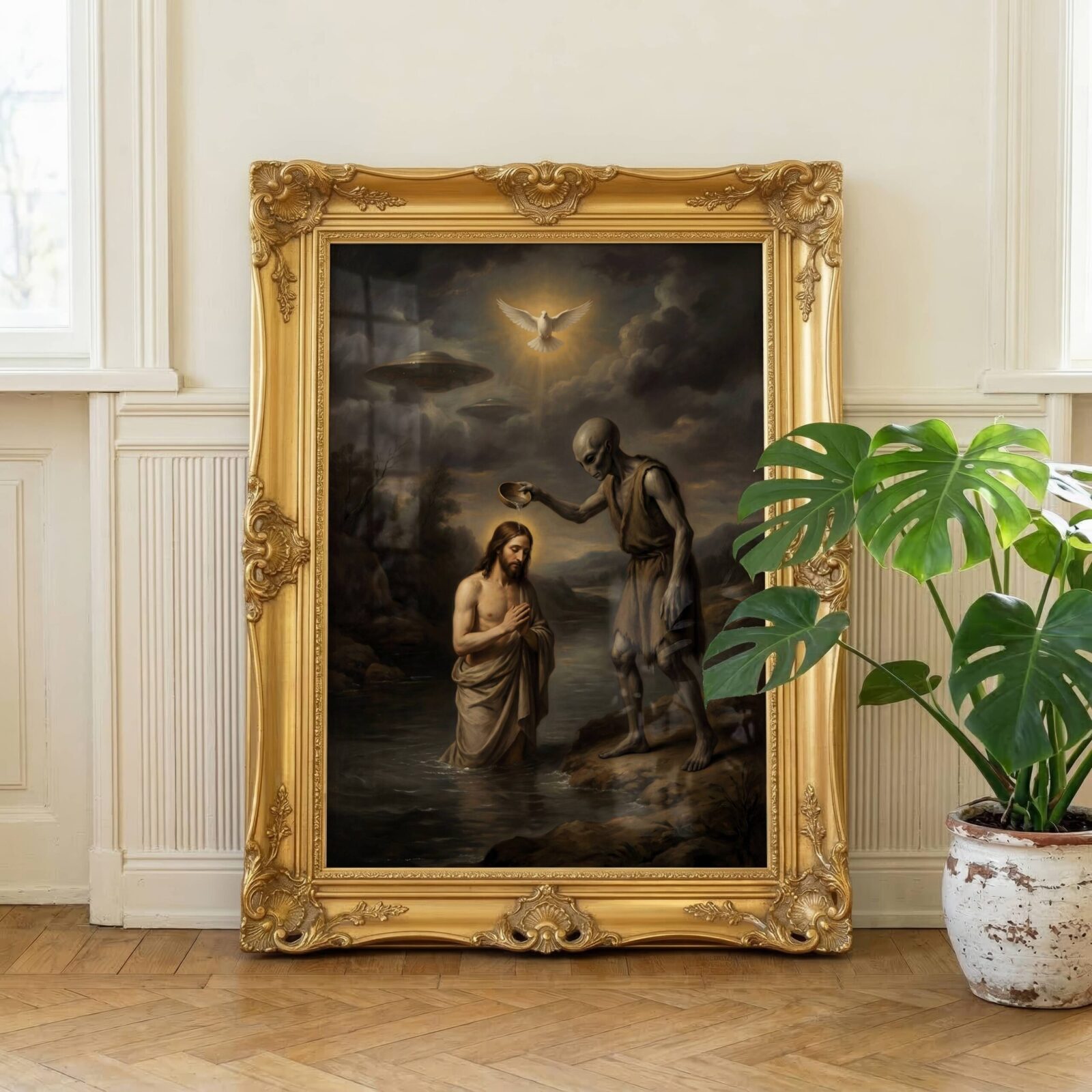 Biblical UFO wall art — Old Master style Baptism of Christ with extraterrestrial figure and flying saucer
