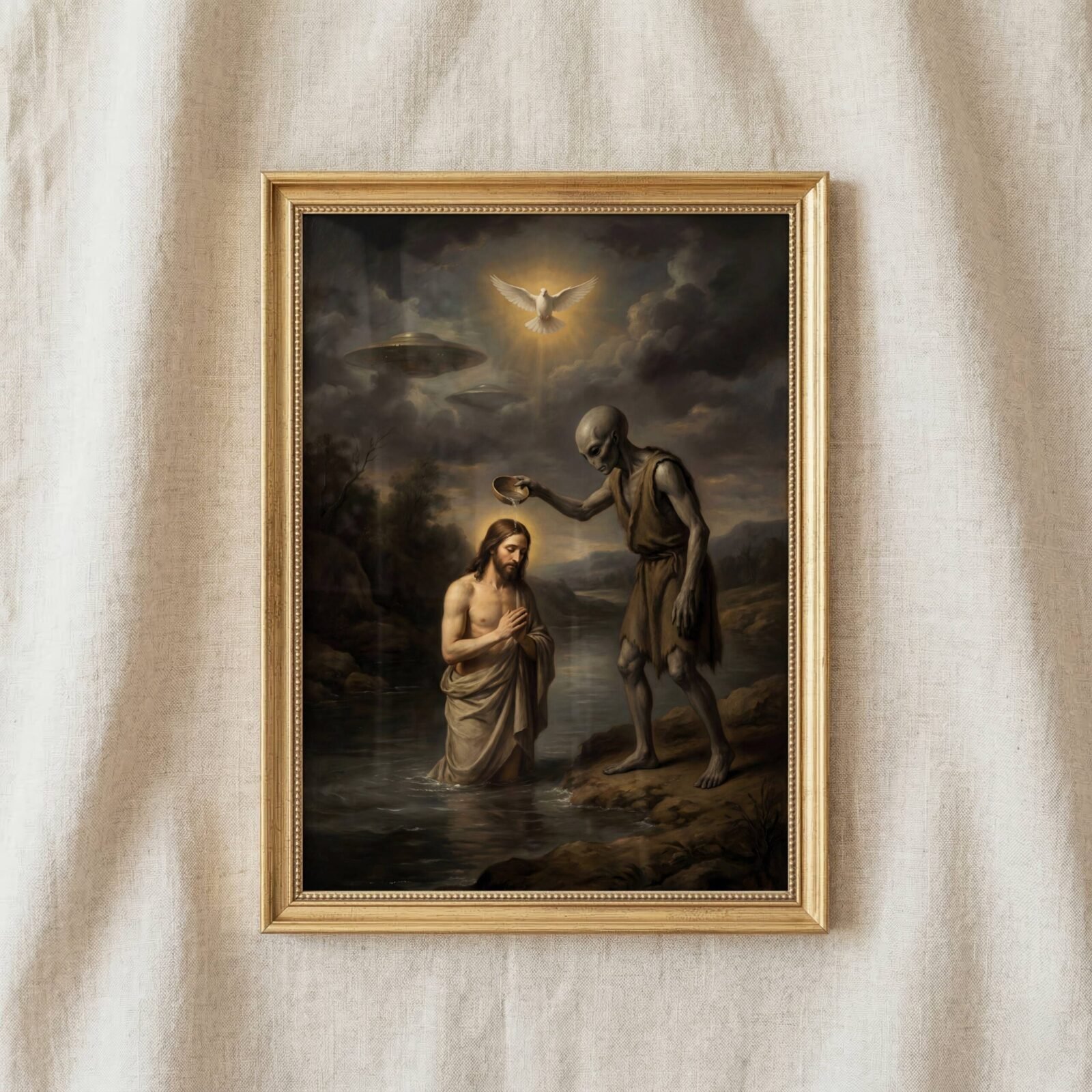 Dark renaissance art print — Jesus baptism scene with alien performing ritual and glowing dove above