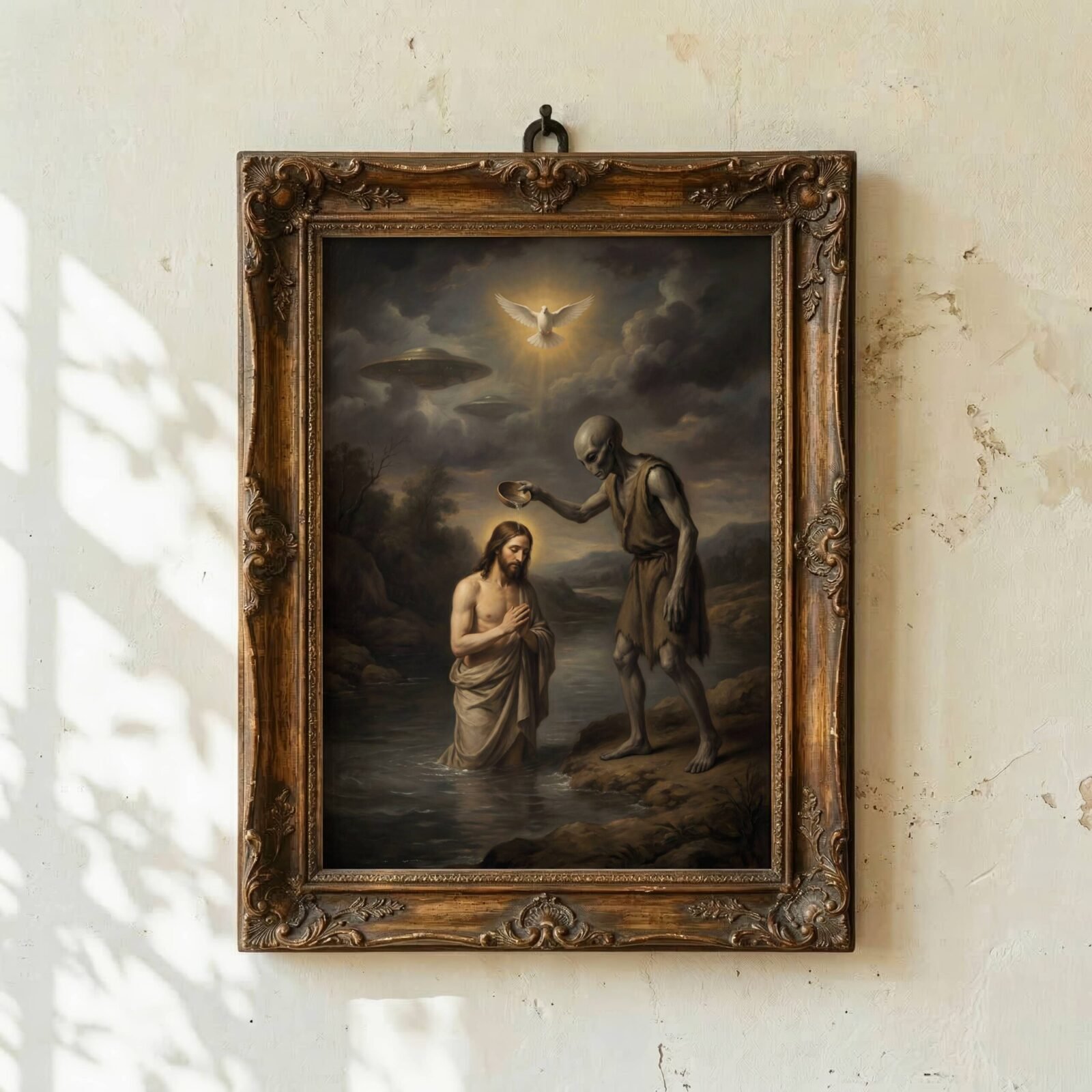 Baptism of Christ biblical UFO art print — dark renaissance painting with alien figure and UFO in sky