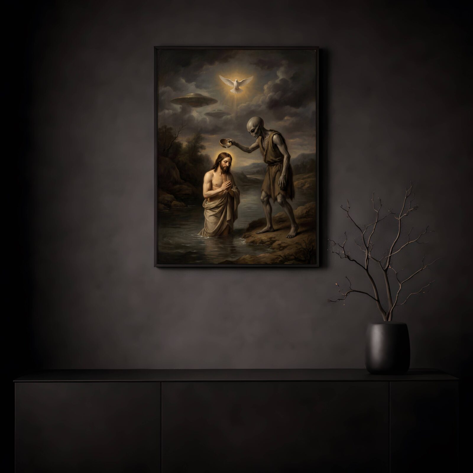 Haunting old master painting depicting Jesus standing in a river being baptised by a grey alien figure beneath a radiant dove and hovering spacecraft in dramatic storm clouds – unframed dark sci-fi art poster, ufoposter.com