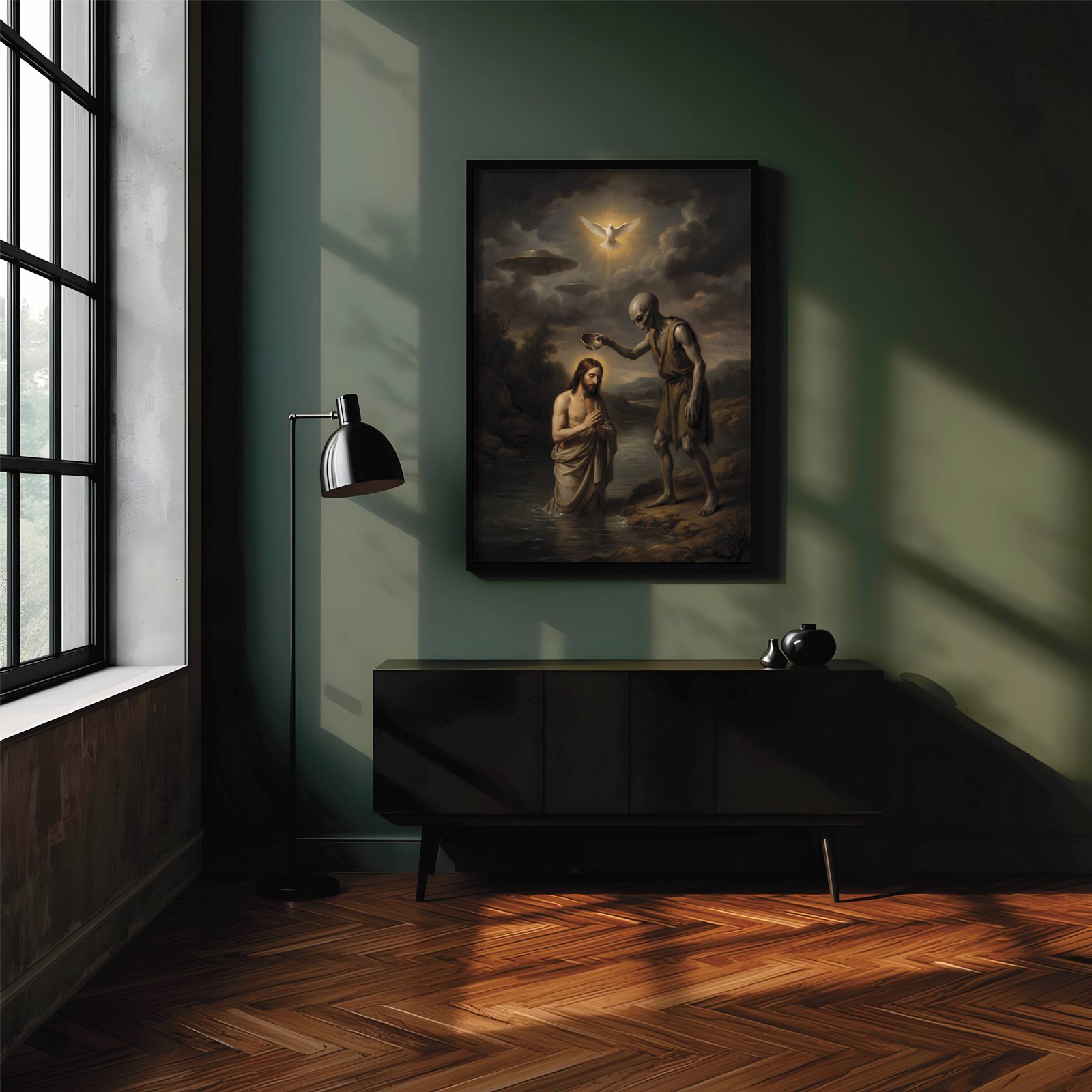 Dark baroque-style painting reimagining the baptism of Christ with a grey alien performing the ritual by a river, a glowing dove above and UFOs visible in stormy skies – unframed dark alien wall poster, ufoposter.com