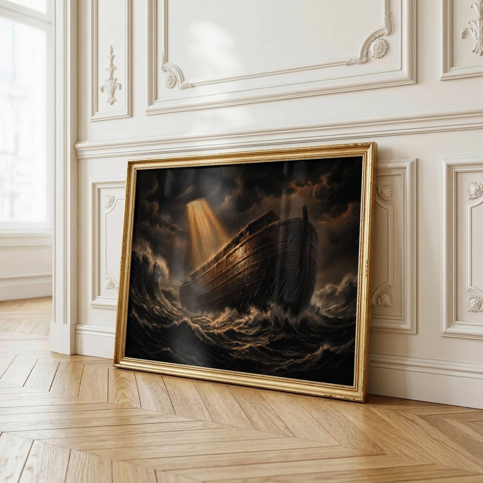 Breathtakingly dramatic dark oil-style artwork of a massive ancient ark battling enormous white-capped waves in a raging biblical storm, a UFO hovering above in churning dark clouds with a golden beam of light illuminating the rain-soaked wooden hull — a deeply thought-provoking dark religious sci-fi wall art print – unframed dark biblical UFO wall poster, ufoposter.com