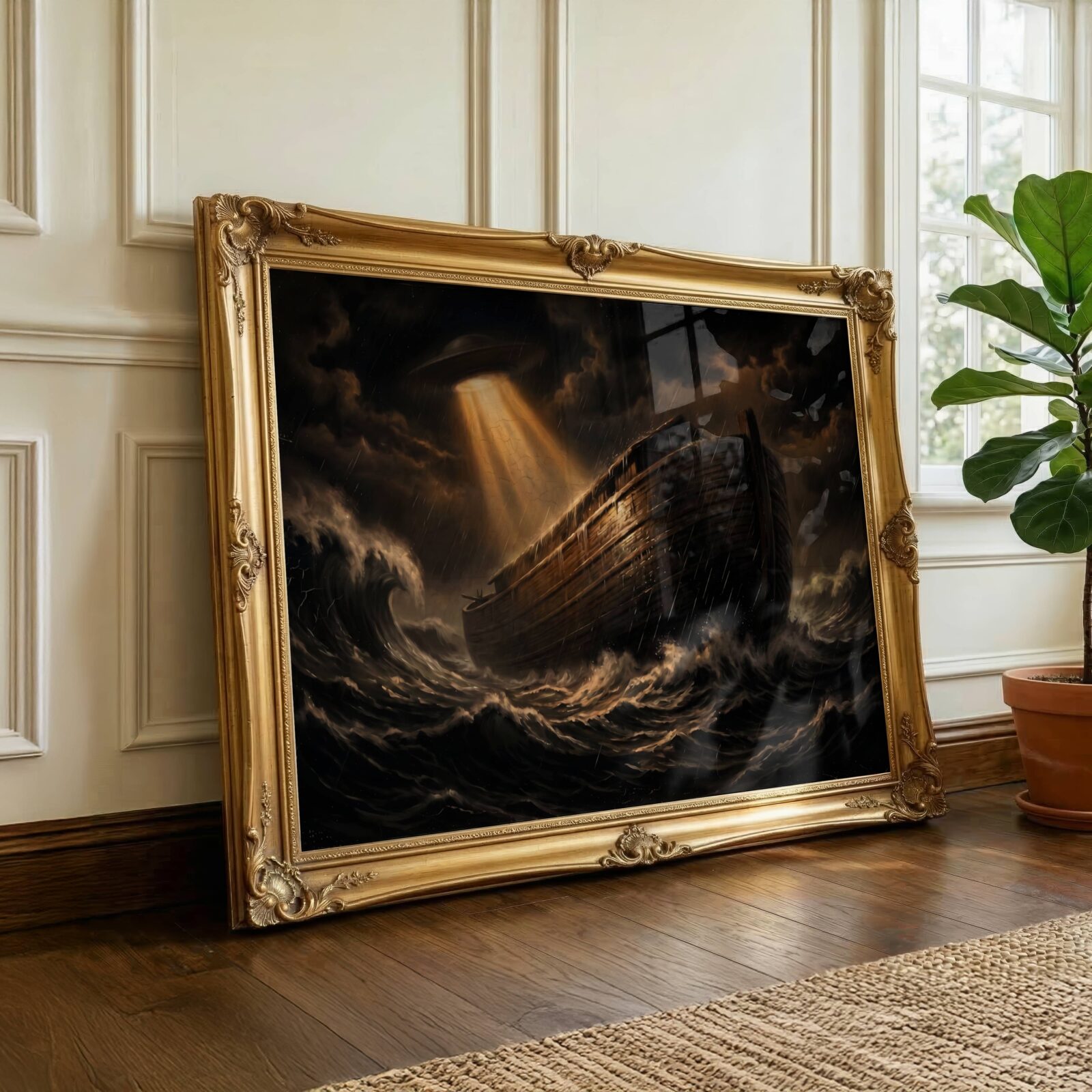 Powerfully atmospheric dark oil-style painting of Noah's Ark in a raging biblical storm, enormous crashing waves surrounding the ancient wooden vessel as a UFO cuts through dark clouds above and pours golden light down onto the hull below – unframed dark alien biblical art poster, ufoposter.com