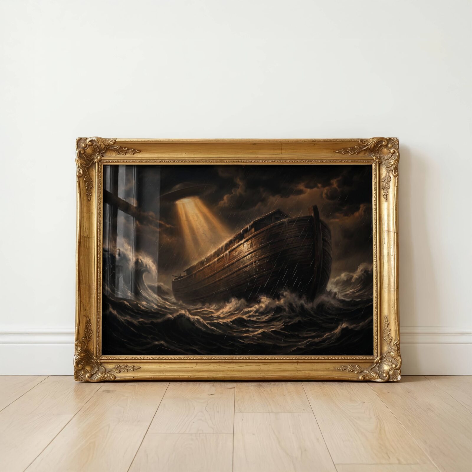 Deeply cinematic dark oil-style artwork of a massive wooden ark riding towering biblical waves in a raging storm, a UFO hovering in dark churning clouds above and casting a golden beam of light onto the rain-lashed ancient hull – unframed dark sci-fi religious wall poster, ufoposter.com