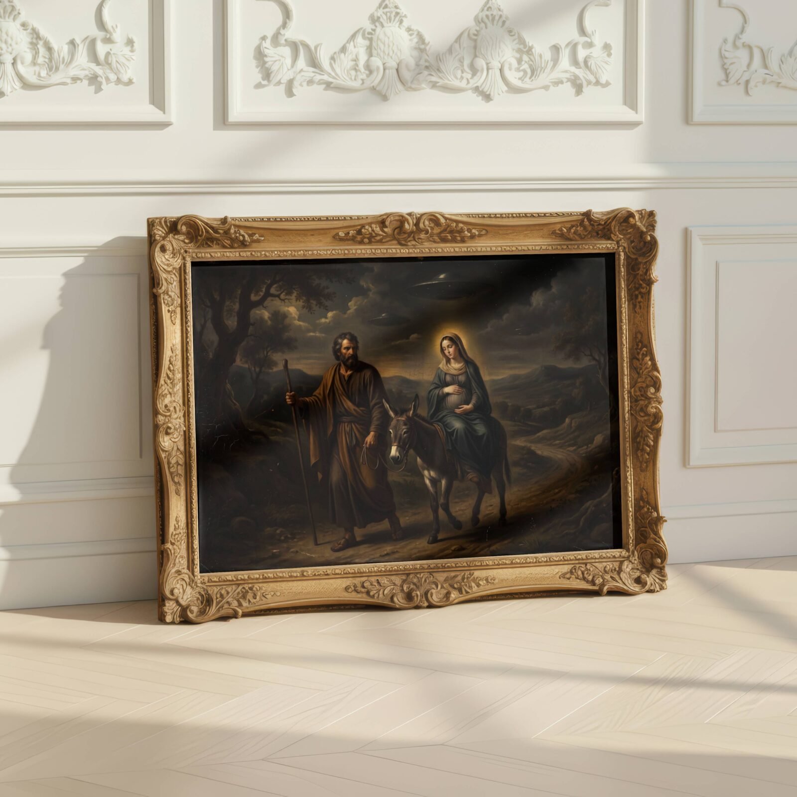 Deeply cinematic dark oil-style artwork of Joseph and Mary on a donkey travelling a dark winding road through an ancient stormy landscape, two spacecraft barely visible drifting silently through churning clouds above the distant hills – unframed dark sci-fi religious wall poster, ufoposter.com