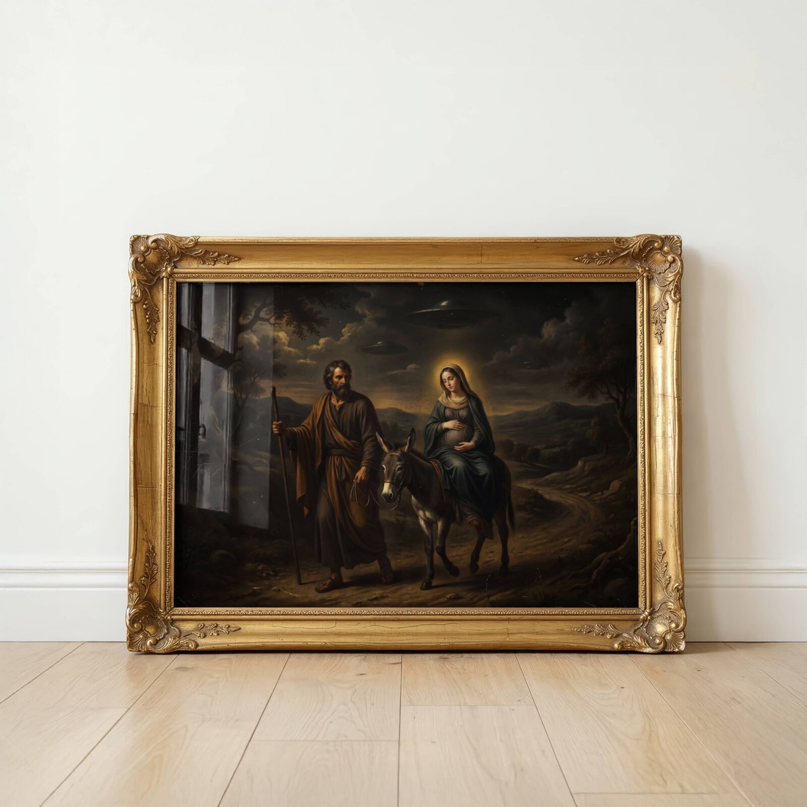 Powerfully atmospheric dark oil-style painting of Joseph and pregnant Mary on a donkey on a dark ancient road beneath churning storm clouds, two UFOs drifting silently above the hills watching the journey to Bethlehem unfold below – unframed dark alien biblical art poster, ufoposter.com
