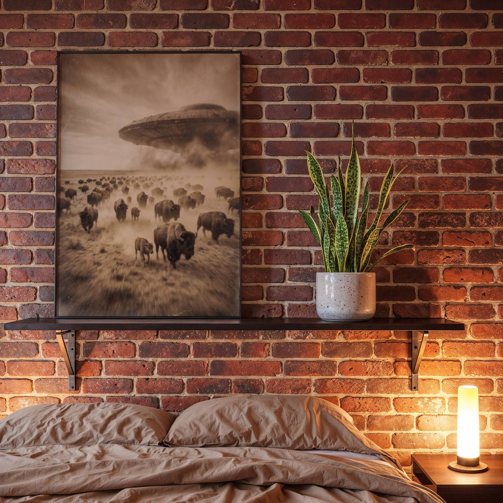 Sepia-toned fine art poster styled as an aged archival photograph, showing hundreds of bison charging across an open prairie in clouds of dust as a large UFO looms through smoke and storm clouds above, displayed in a bedroom as a striking and atmospheric piece of wall decoration.