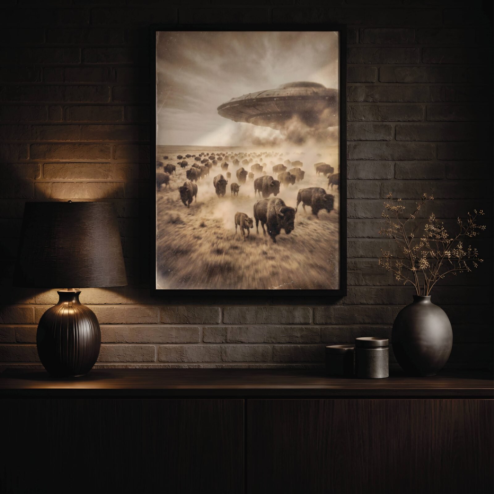 Haunting vintage-style painting of hundreds of bison charging through a dust storm as a colossal spacecraft hovers low over the open prairie – unframed dark sci-fi art poster, ufoposter.com