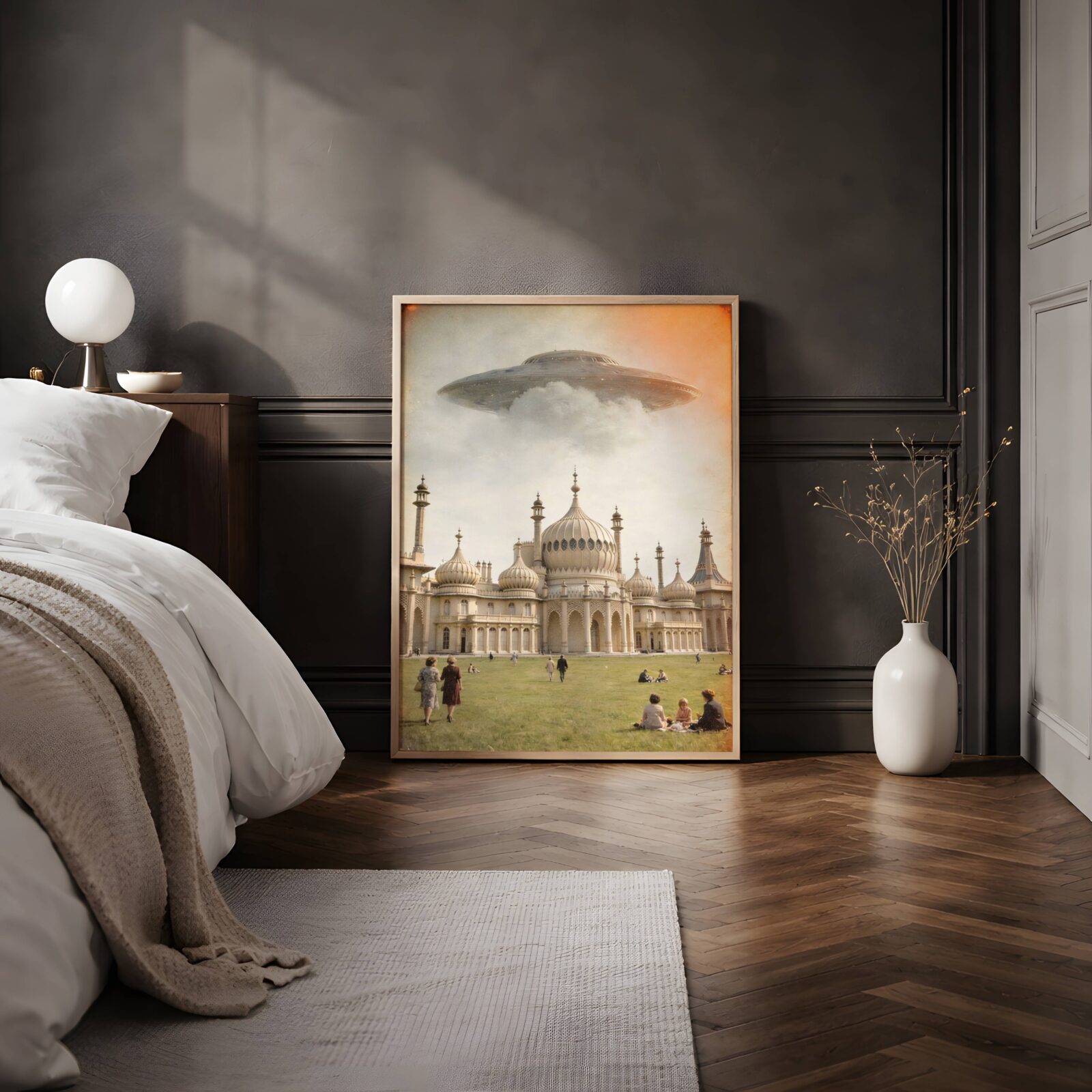 Golden hazy retro artwork of a giant UFO drifting above the extraordinary domes of Brighton Royal Pavilion, visitors picnicking on sunlit lawns below — a charming and atmospheric British sci-fi print perfect for bedroom decor – unframed retro alien art poster for bedroom, ufoposter.com