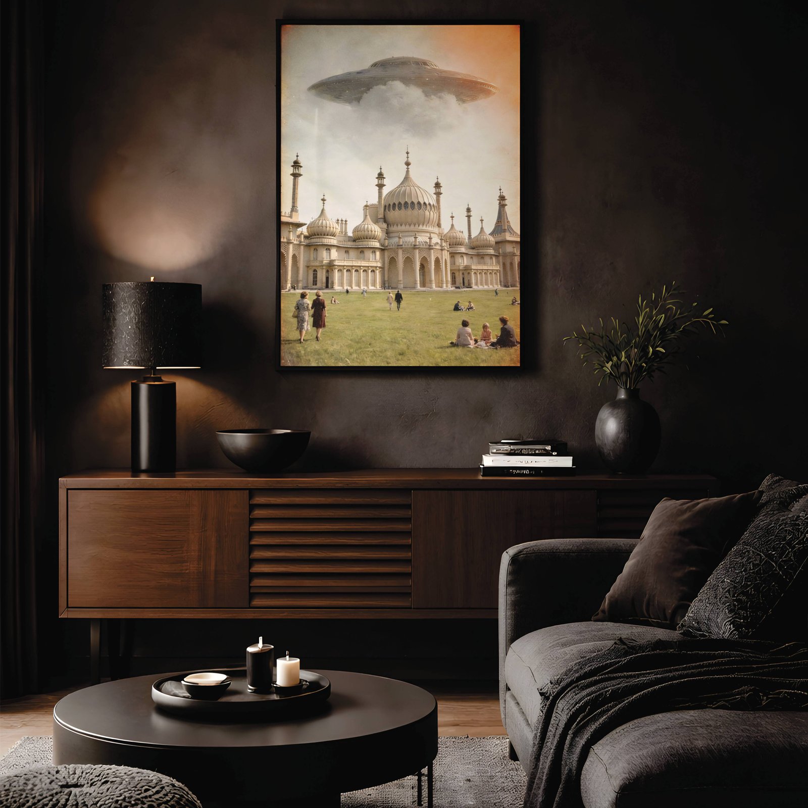 Warm vintage-toned retro artwork of a massive UFO hovering above the iconic Brighton Royal Pavilion in golden hazy skies while visitors stroll and picnic on the lawns below – unframed retro alien wall poster, ufoposter.com