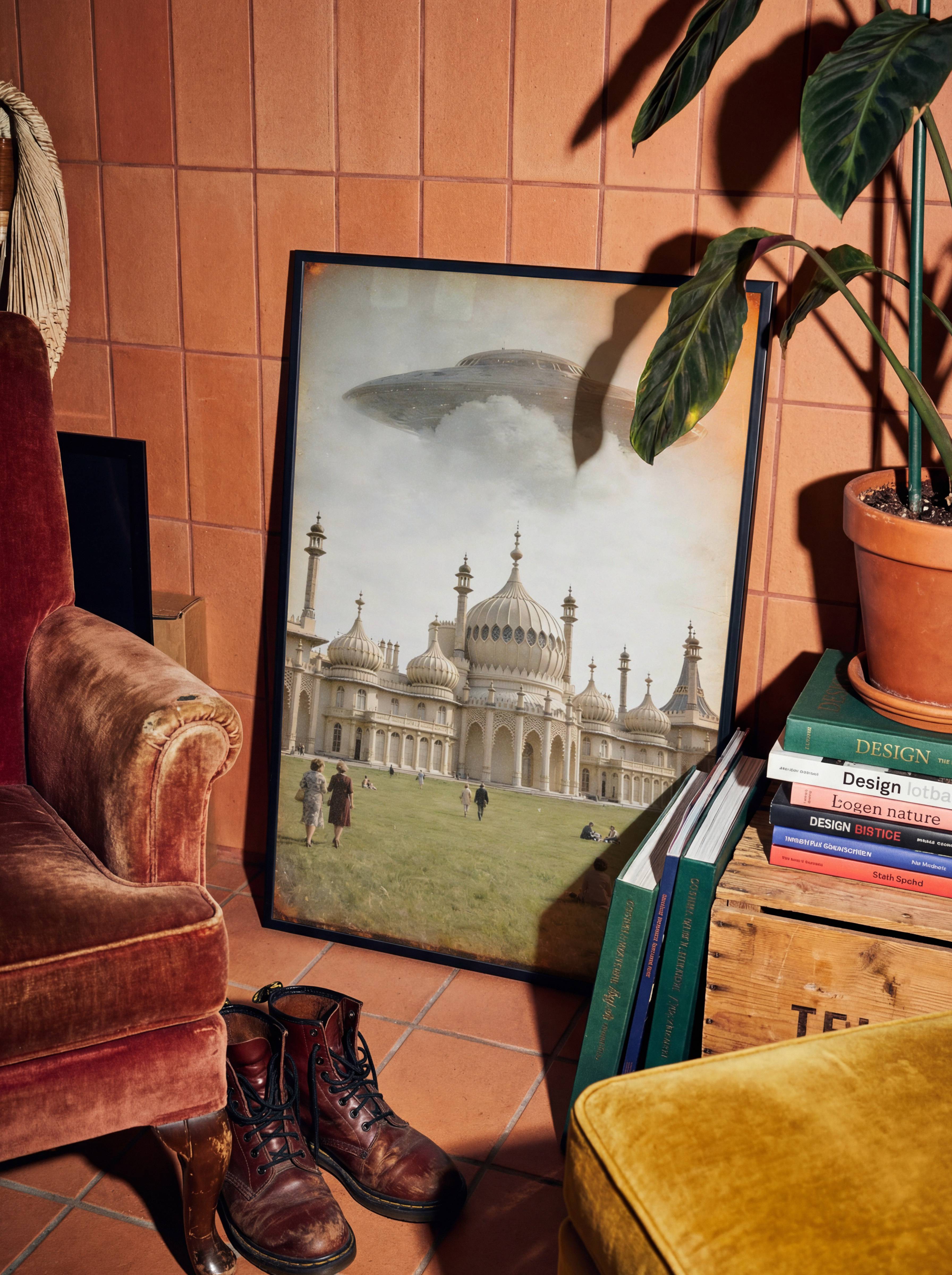 Bold warm-toned retro sci-fi artwork of a massive UFO above the most extravagant building in England, the Brighton Royal Pavilion glowing beneath golden clouds as visitors enjoy the lawns in blissful ignorance — a genuinely unique British wall art statement for any living room – unframed retro sci-fi wall poster for living room, ufoposter.com