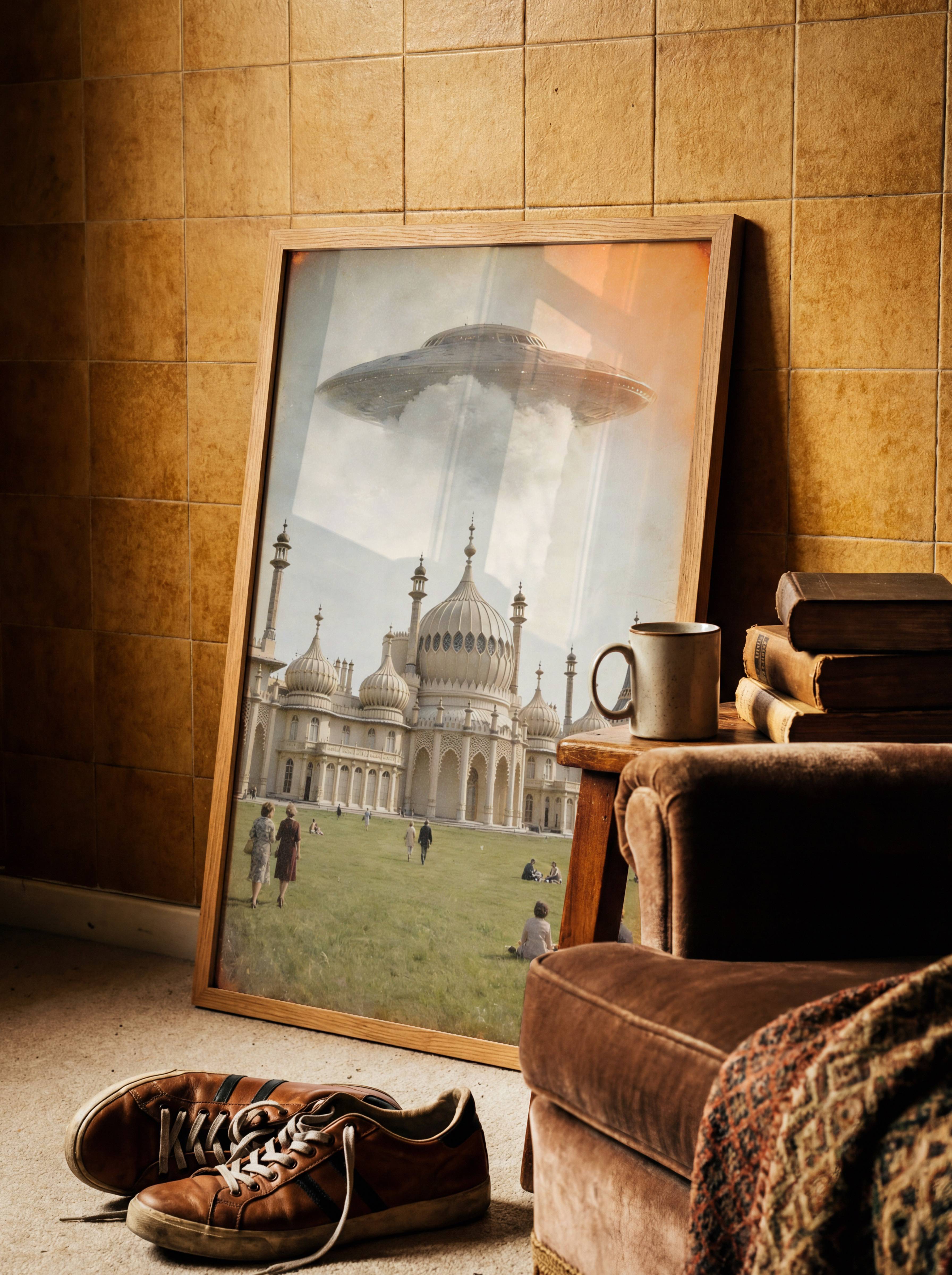 Atmospheric golden retro artwork of a giant spacecraft hovering silently above the extraordinary Indo-Saracenic domes and minarets of Brighton Royal Pavilion in warm hazy skies — a cinematic and quietly humorous British landmark print perfect for living room walls – unframed vintage alien art poster for living room, ufoposter.com