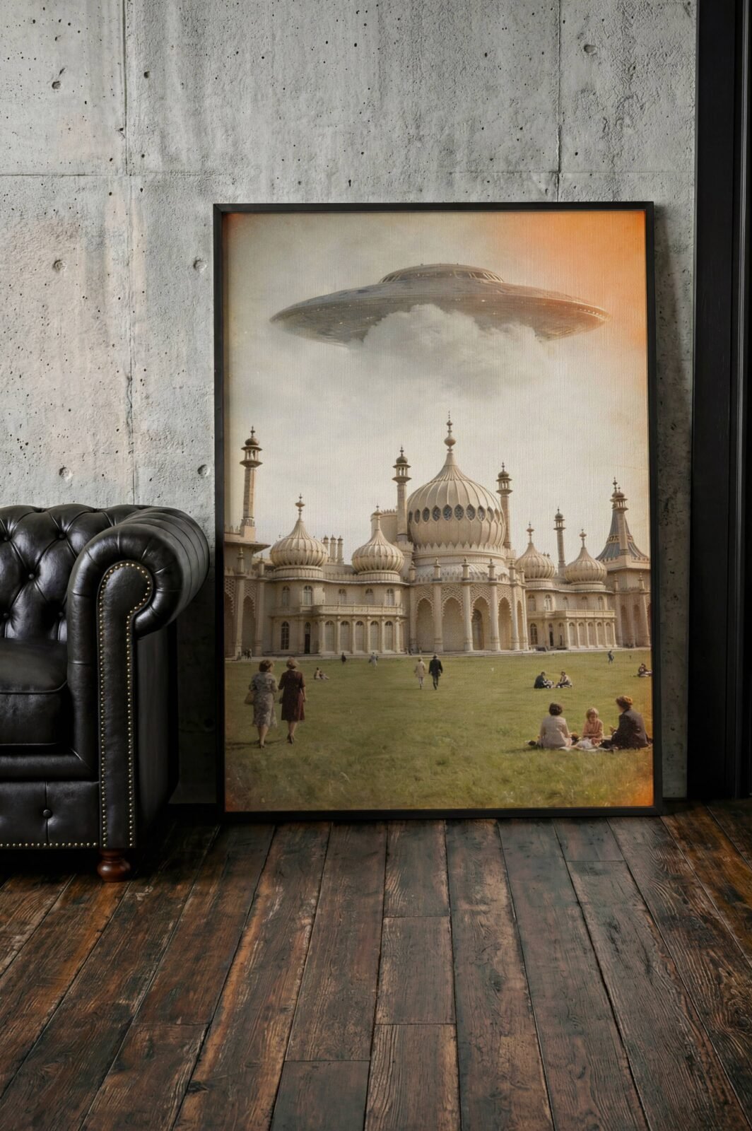 Breathtaking warm vintage artwork of a colossal UFO drifting through golden afternoon clouds above the iconic Brighton Royal Pavilion, visitors strolling and picnicking on the sunlit lawns completely unbothered below — a stunning and uniquely British sci-fi art print perfect for living room decor – unframed retro UFO poster for living room, ufoposter.com