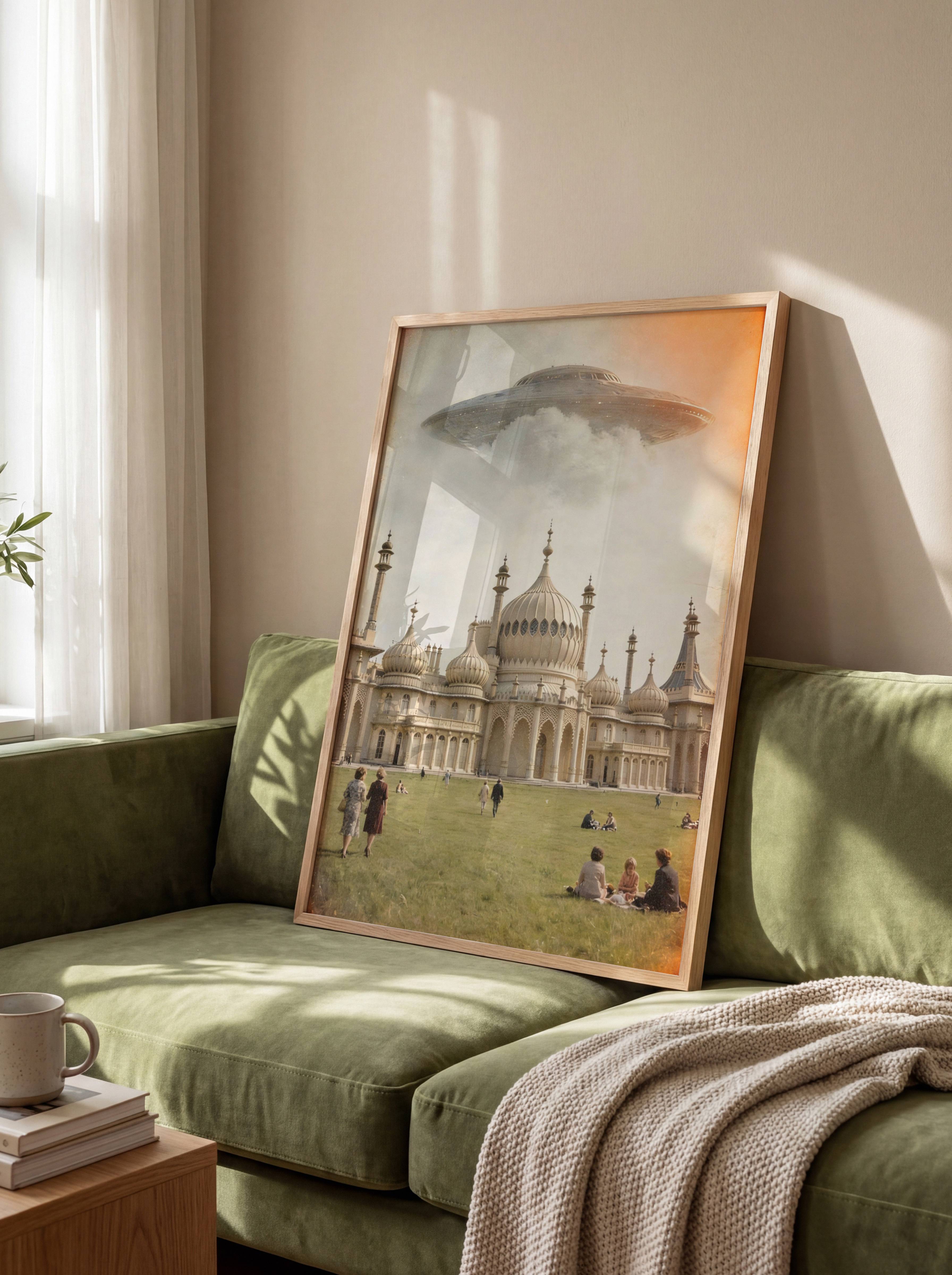 Angled warm retro shot of a large spacecraft drifting silently above the iconic Brighton Royal Pavilion domes in golden afternoon haze, figures relaxing on the grass lawns in the foreground – unframed retro sci-fi wall poster, ufoposter.com