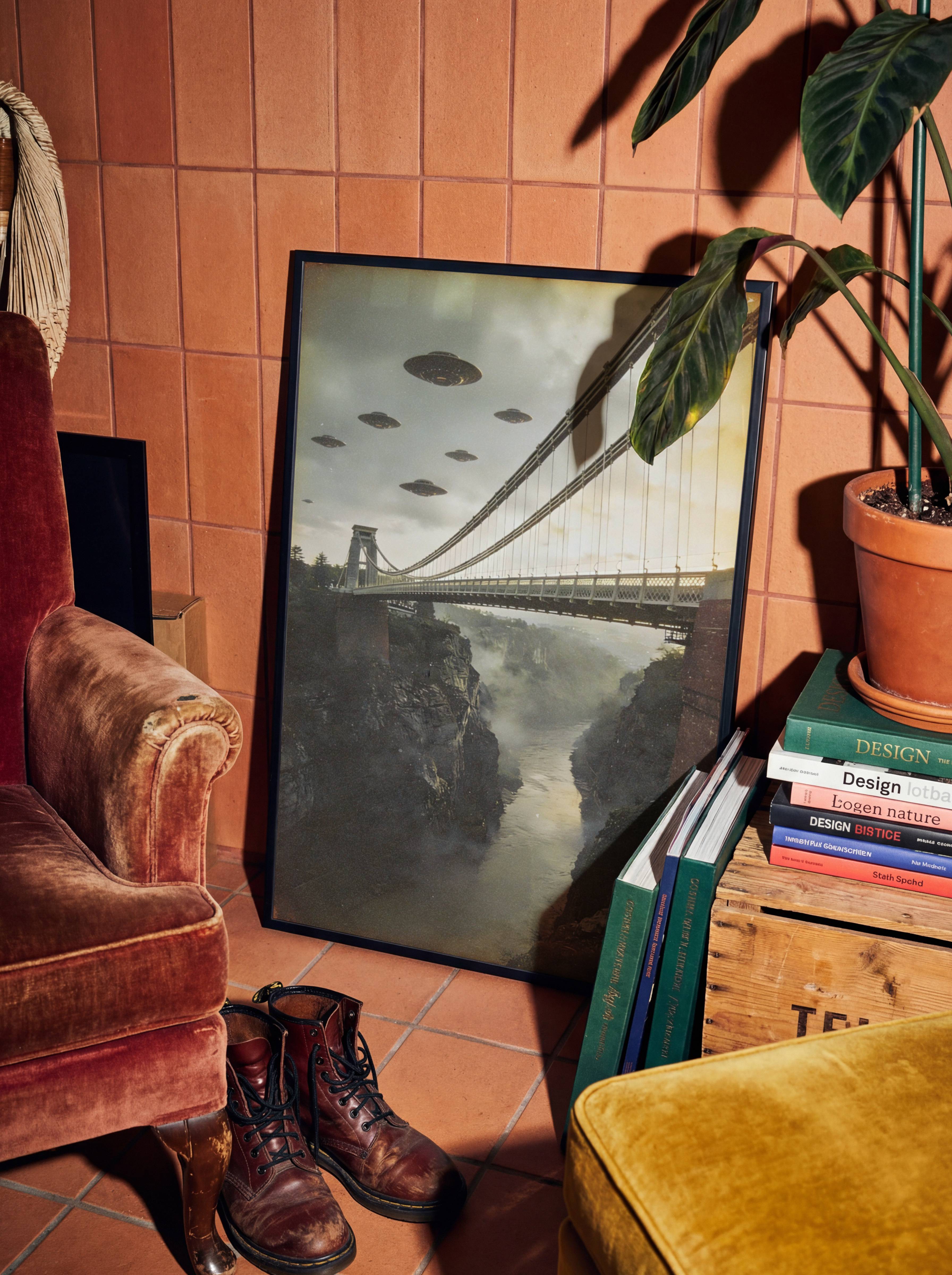 Deeply cinematic warm vintage artwork of a UFO formation drifting silently above Bristol's most beloved landmark, the Clifton Suspension Bridge glowing in golden storm light above a mist-filled rocky gorge – unframed retro alien art poster, ufoposter.com