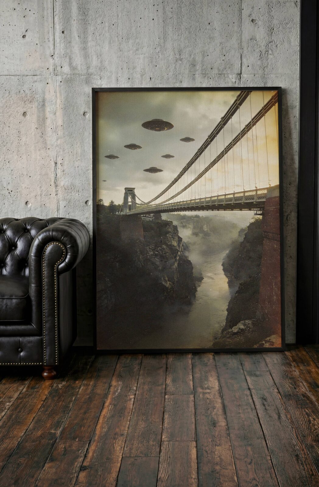 Warm dramatic retro artwork of a UFO fleet above Bristol's iconic Clifton Suspension Bridge and Avon Gorge — a stunning and uniquely British sci-fi landmark art print perfect for living room decor – unframed retro UFO poster for living room, ufoposter.com