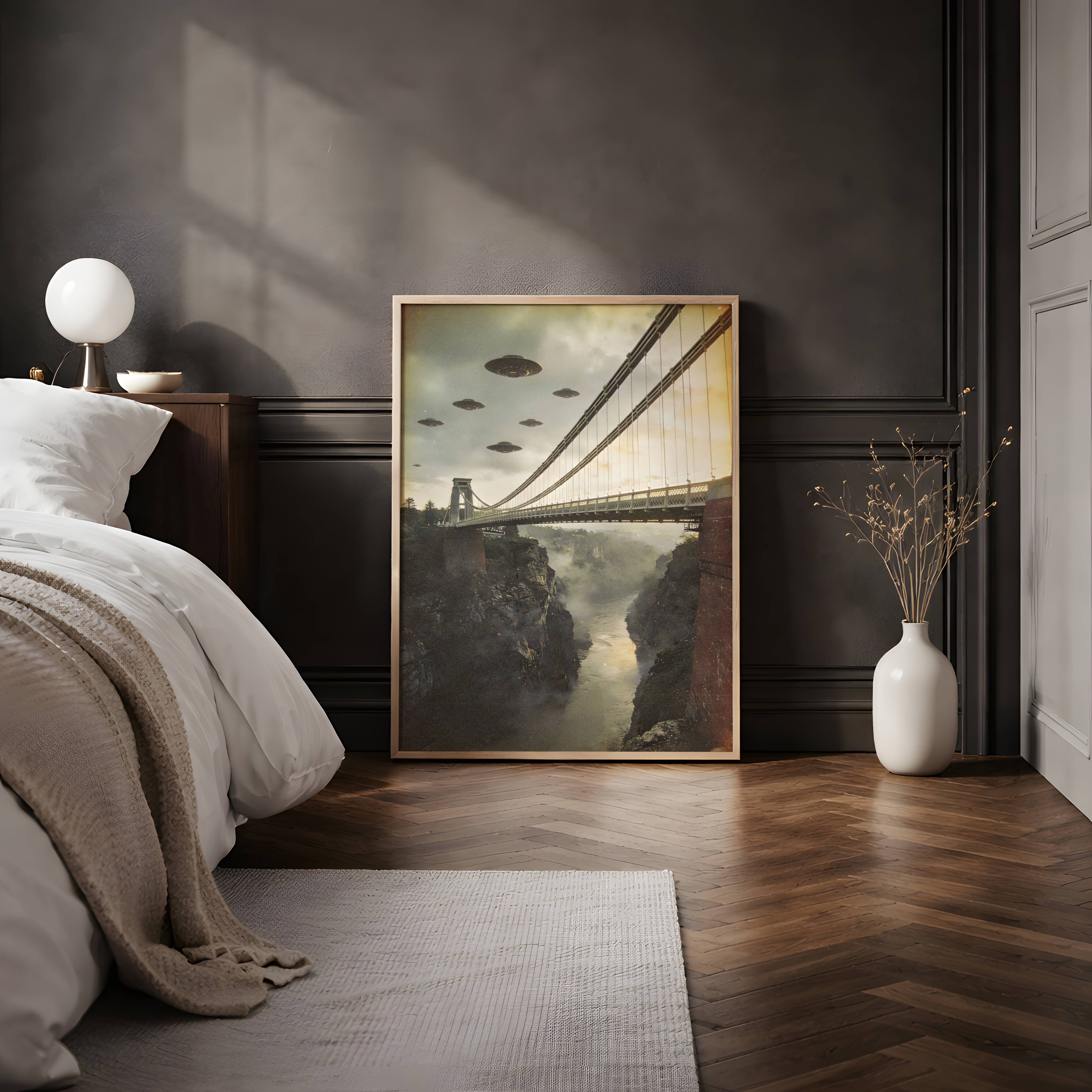 Golden stormy retro artwork of multiple UFOs drifting in formation above the magnificent Clifton Suspension Bridge spanning the misty Avon Gorge — a dramatic and atmospheric Bristol sci-fi print perfect for bedroom decor – unframed retro alien art poster for bedroom, ufoposter.com