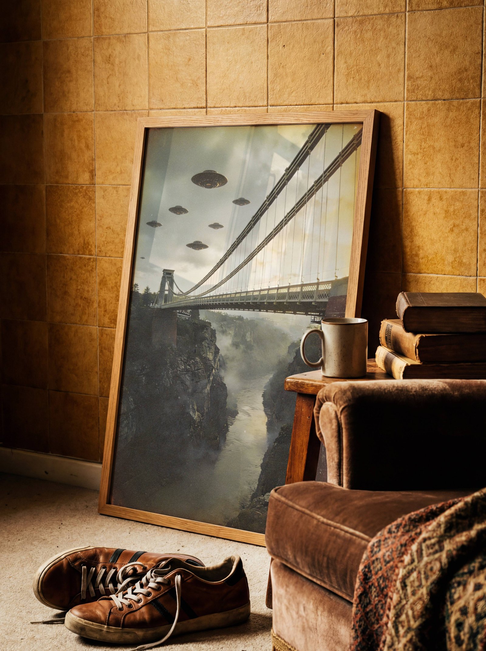 Moody golden retro artwork of multiple spacecraft hovering above the celebrated Clifton Suspension Bridge in Bristol, warm storm light catching the bridge cables as mist curls through the Avon Gorge far below – unframed retro sci-fi art poster, ufoposter.com
