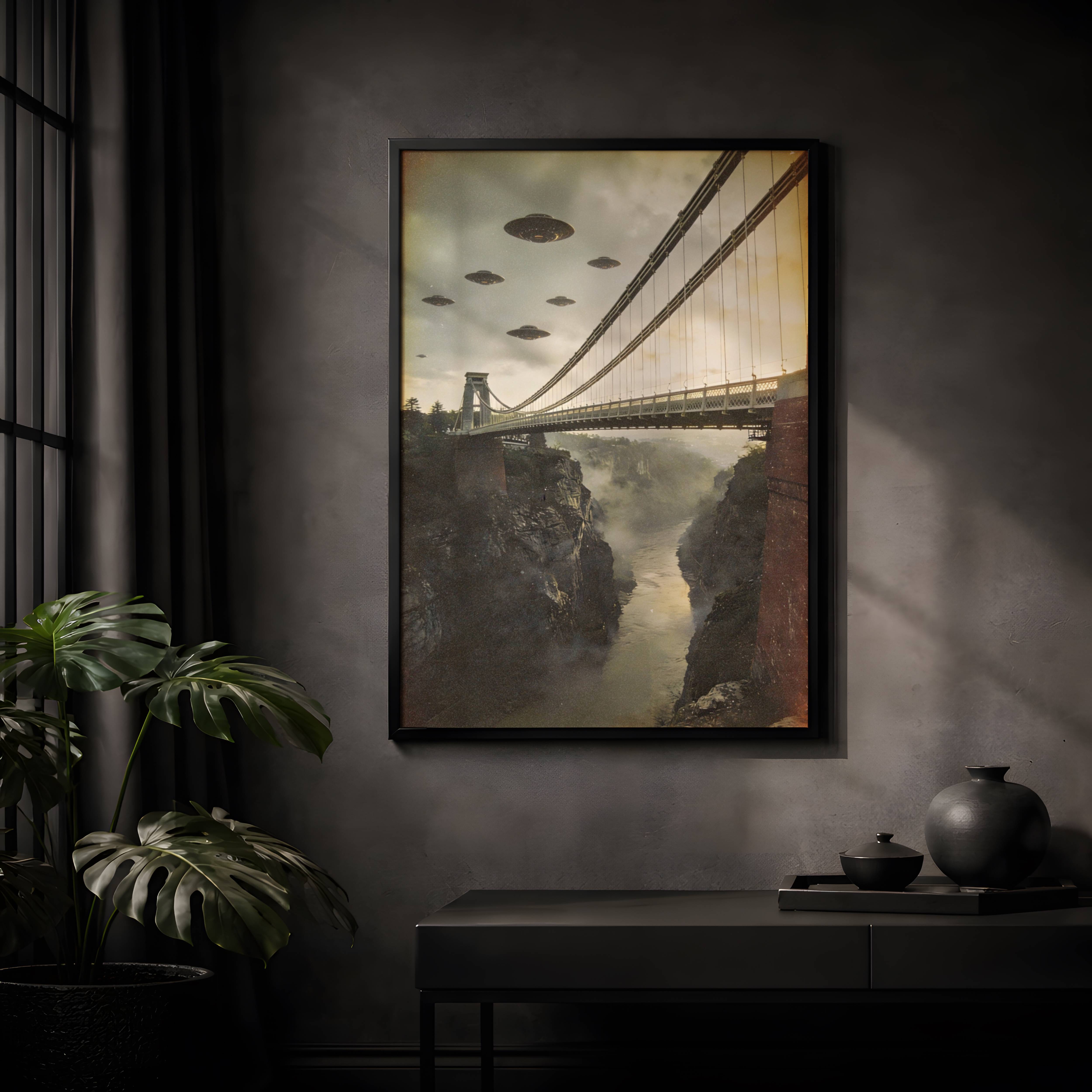 Cinematic retro artwork of multiple spacecraft drifting through golden storm clouds above Brunel's magnificent Clifton Suspension Bridge spanning the rocky mist-filled Avon Gorge below – unframed sci-fi art poster, ufoposter.com
