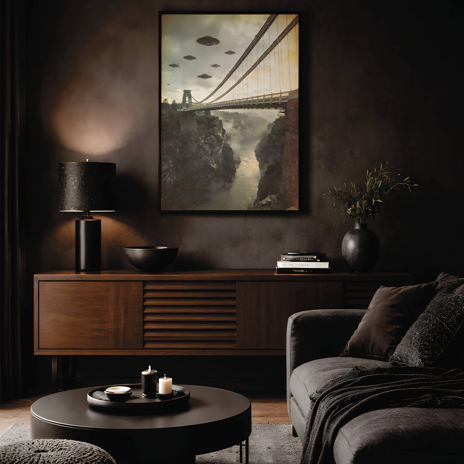 Warm vintage-toned retro artwork of a fleet of UFOs flying in formation above the iconic Clifton Suspension Bridge over the misty Avon Gorge in Bristol in dramatic golden stormy skies – unframed retro alien wall poster, ufoposter.com