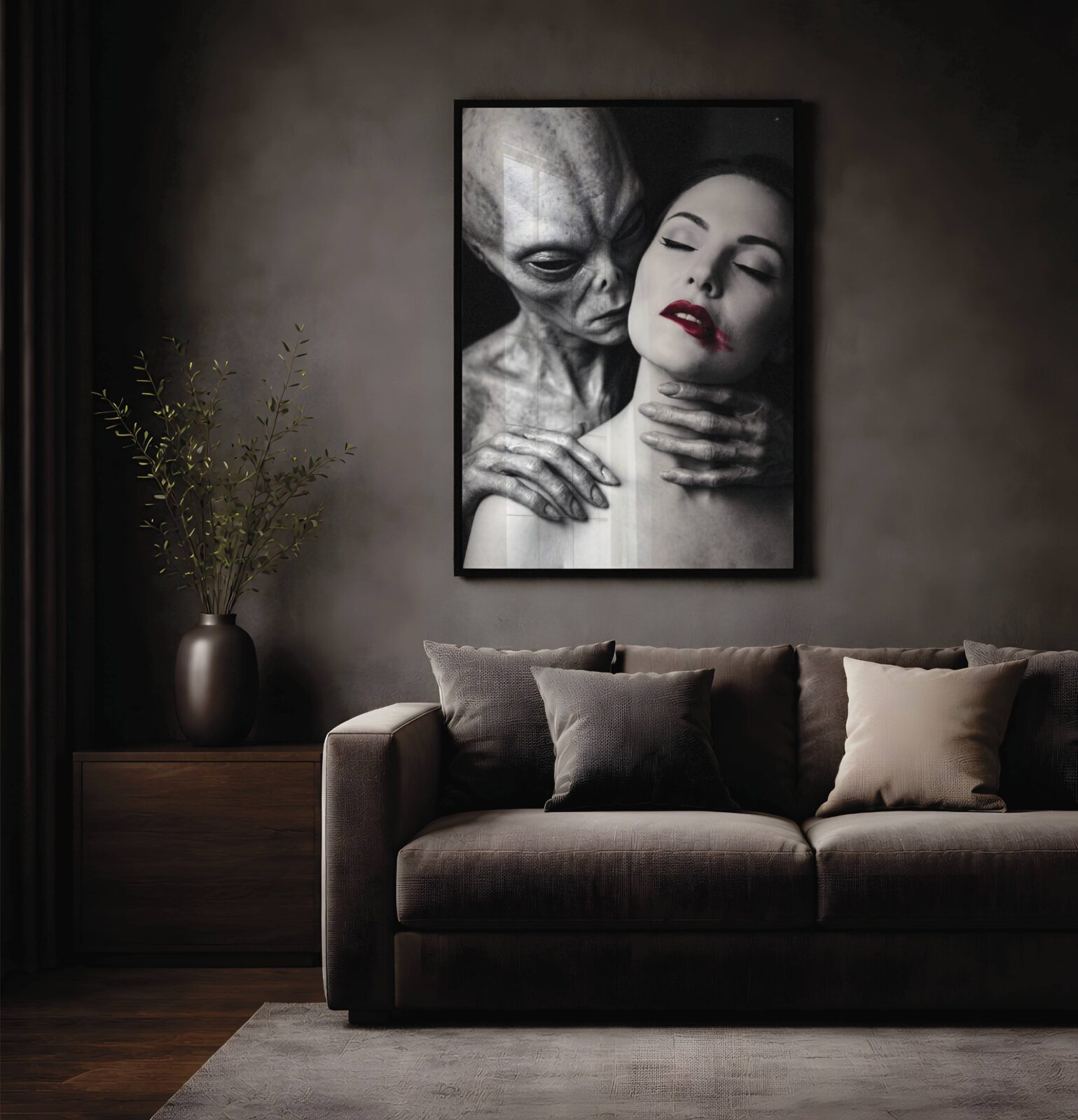 Dark noir portrait poster of a grey alien figure embracing a serene woman with striking red lips against a black and white background – premium unframed alien art poster, ufoposter.com