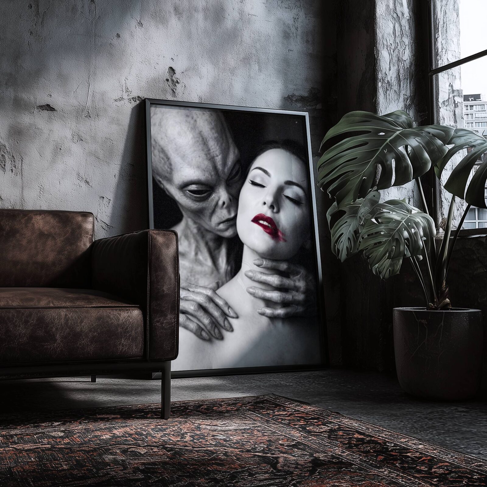 Surreal wall art in modern living room — grey alien embracing woman with red lips black and white print