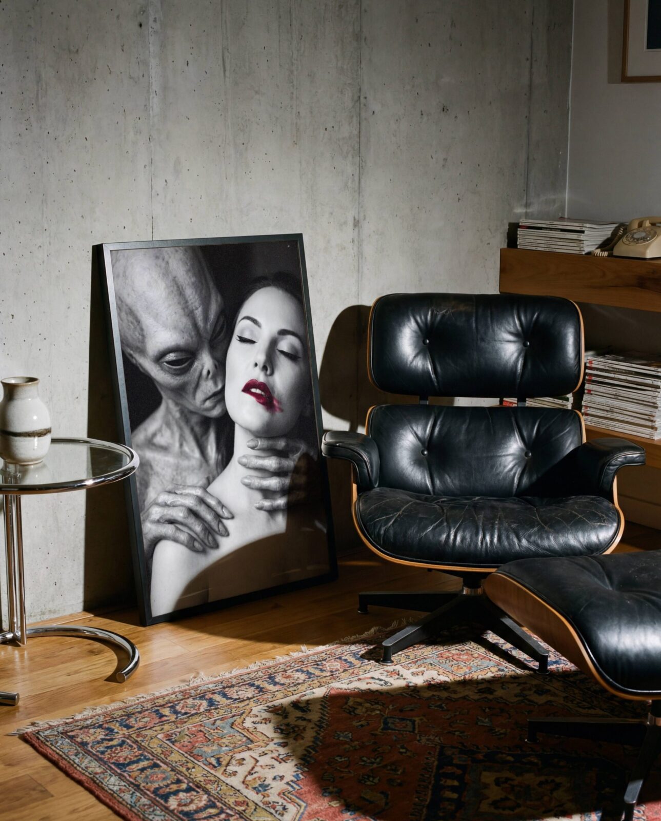 Extraterrestrial portrait art print — dark cinematic alien and woman with red lips black and white