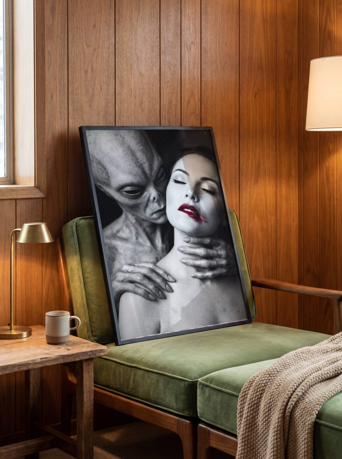 Dark surreal wall art — intimate alien encounter portrait with woman red lips and grey alien figure