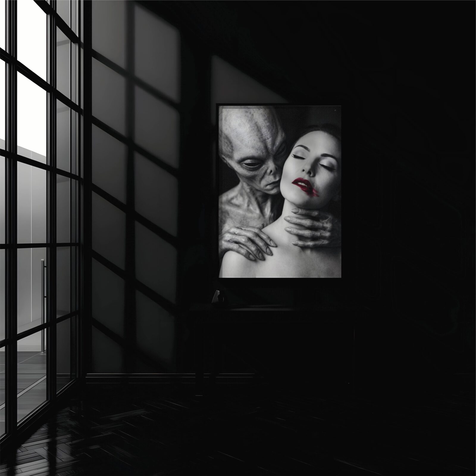 Haunting black and white artwork of a grey alien leaning over a woman's shoulder, his long fingers resting on her skin while her red lips remain closed in quiet surrender – unframed dark sci-fi art poster, ufoposter.com