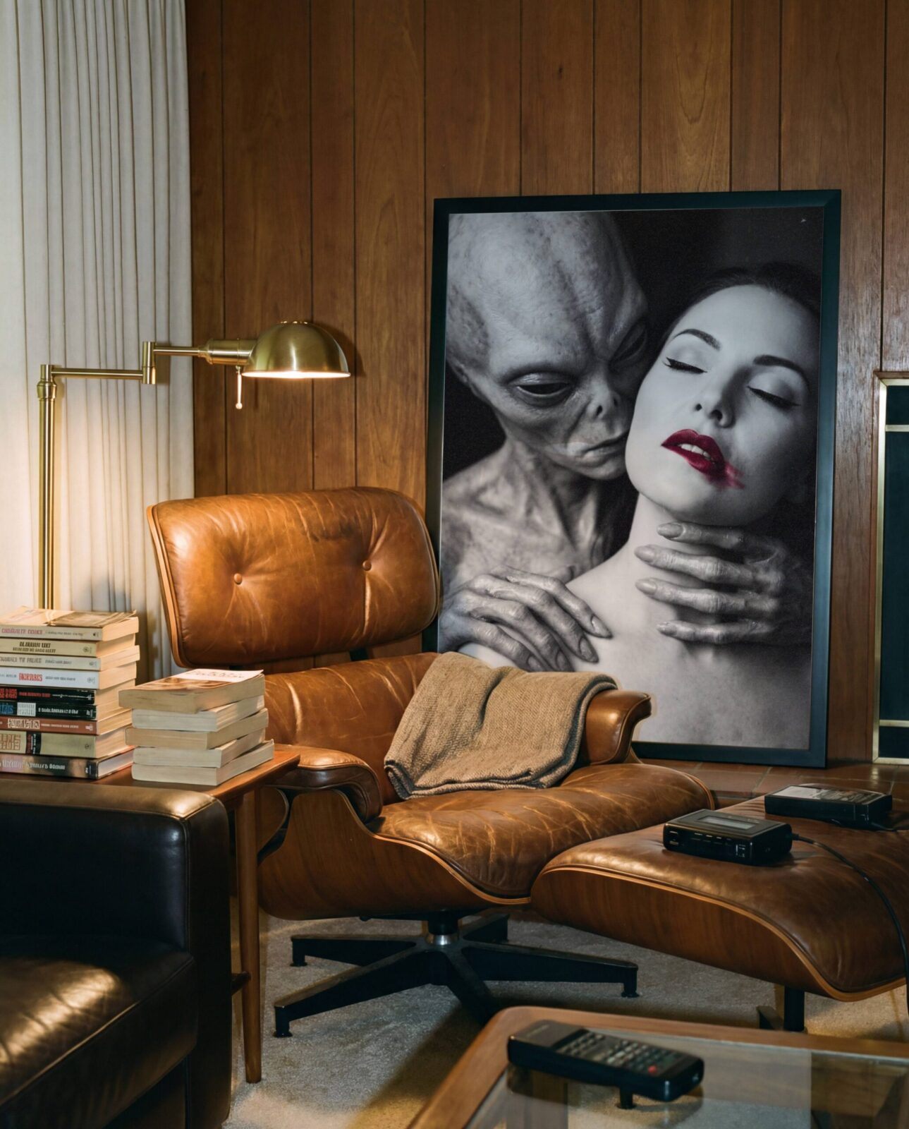 Dark alien art print — black and white portrait of grey alien holding woman with red lips from behind