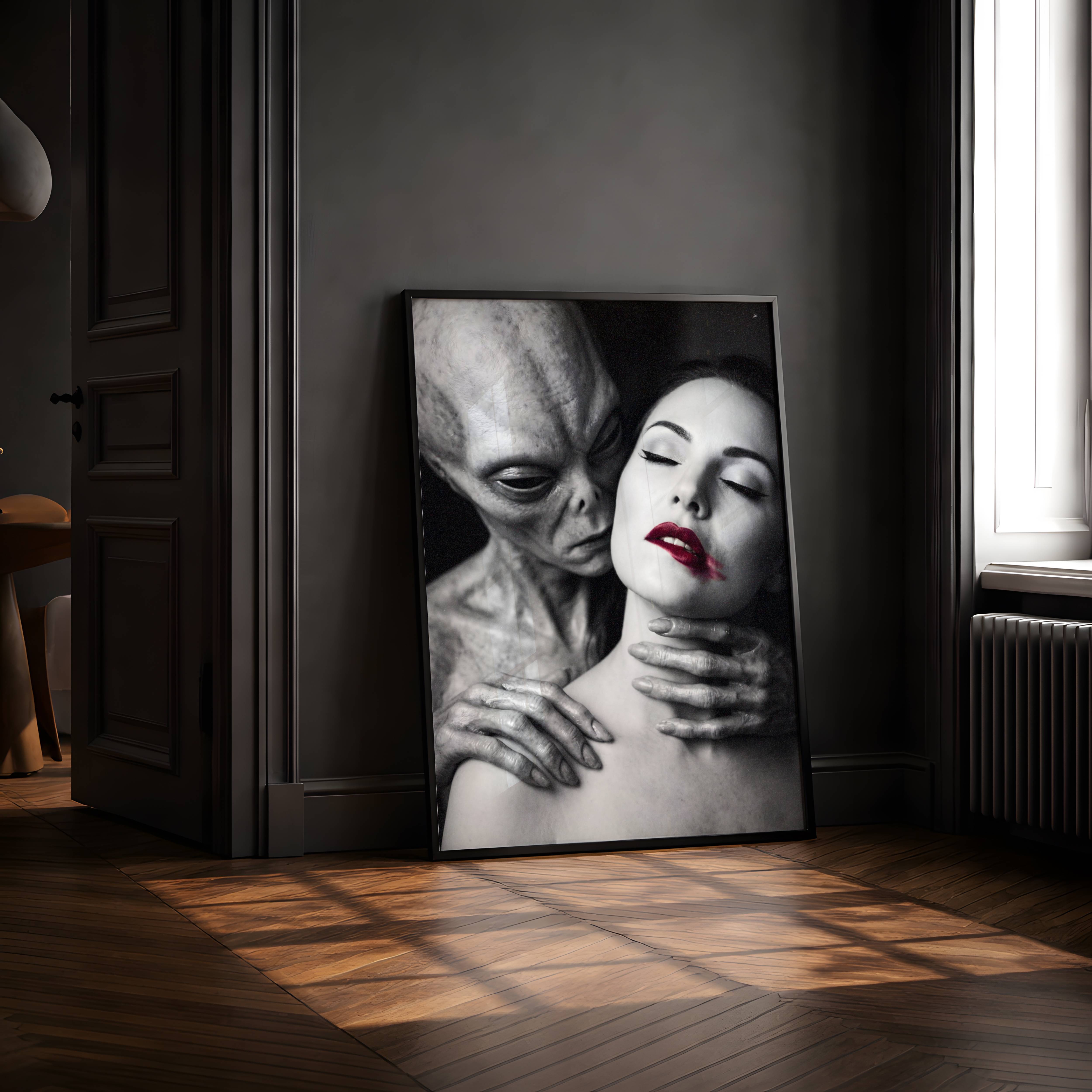 Cinematic monochrome portrait of an alien figure pressing close to a woman from behind, her bold red lips the only warmth in an otherwise cold and shadowy composition – unframed dark alien wall poster, ufoposter.com