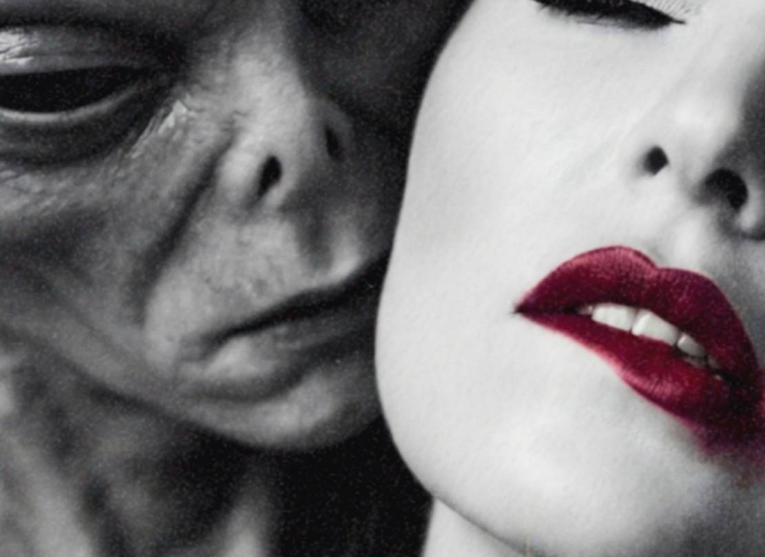 Dramatic black and white close-up artwork of a grey alien embracing a woman with red lips from behind in a dark and intimate scene – unframed dark alien wall poster, ufoposter.com