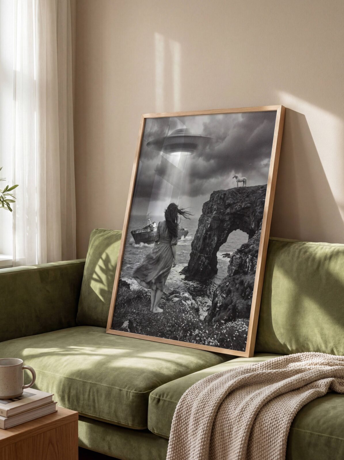 Deeply cinematic black and white surreal artwork of a barefoot woman in a windswept dress on a dramatic rocky coast, a shipwreck in crashing waves, a UFO beam through storm clouds and a unicorn on a clifftop arch — striking dark surreal living room wall decor – unframed atmospheric dark living room poster, ufoposter.com