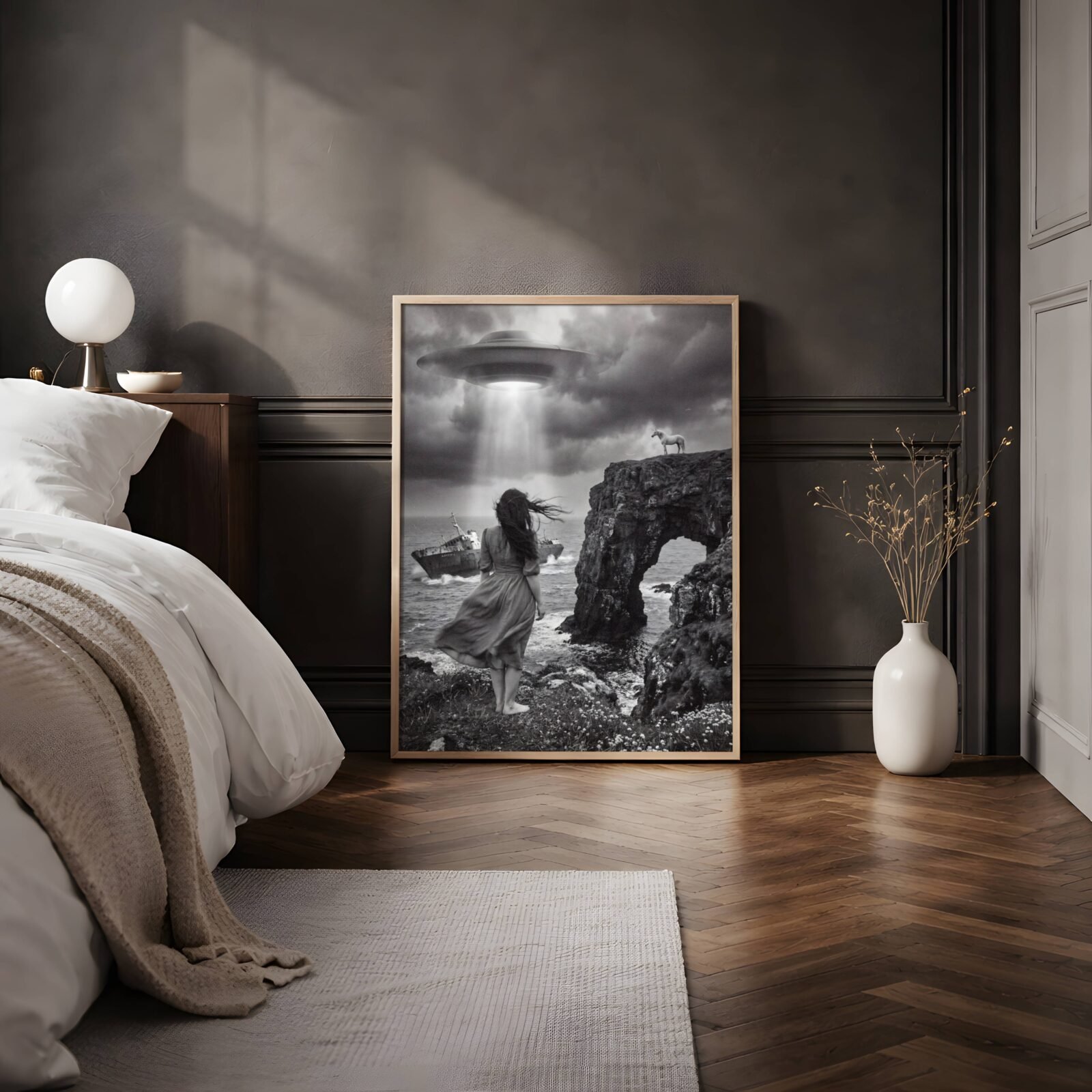 Moody black and white cinematic surreal artwork of a windswept barefoot woman on a dramatic rocky coast with a shipwreck in crashing waves, a glowing UFO beam in stormy skies and a unicorn perched on a clifftop rock arch — atmospheric and distinctive dark bedroom poster – unframed dark fantasy art for bedroom, ufoposter.com