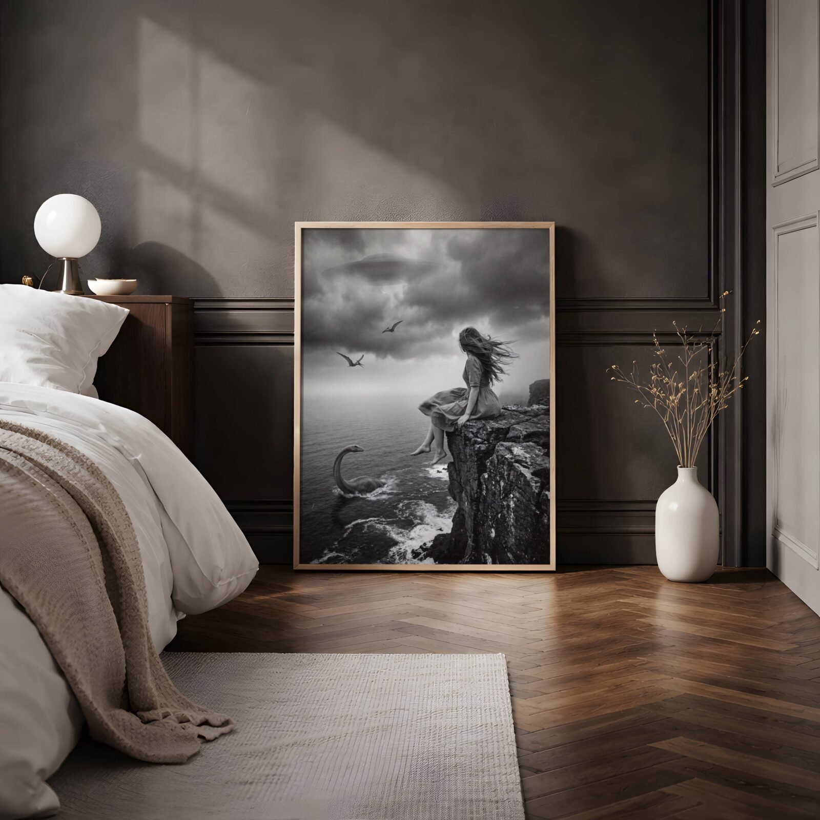 Moody black and white cinematic artwork of a barefoot woman perched on a dramatic cliff edge with a plesiosaur in the stormy sea below, pterodactyls in the clouds and a UFO barely visible above — atmospheric and distinctive dark bedroom poster – unframed dark fantasy art for bedroom, ufoposter.com