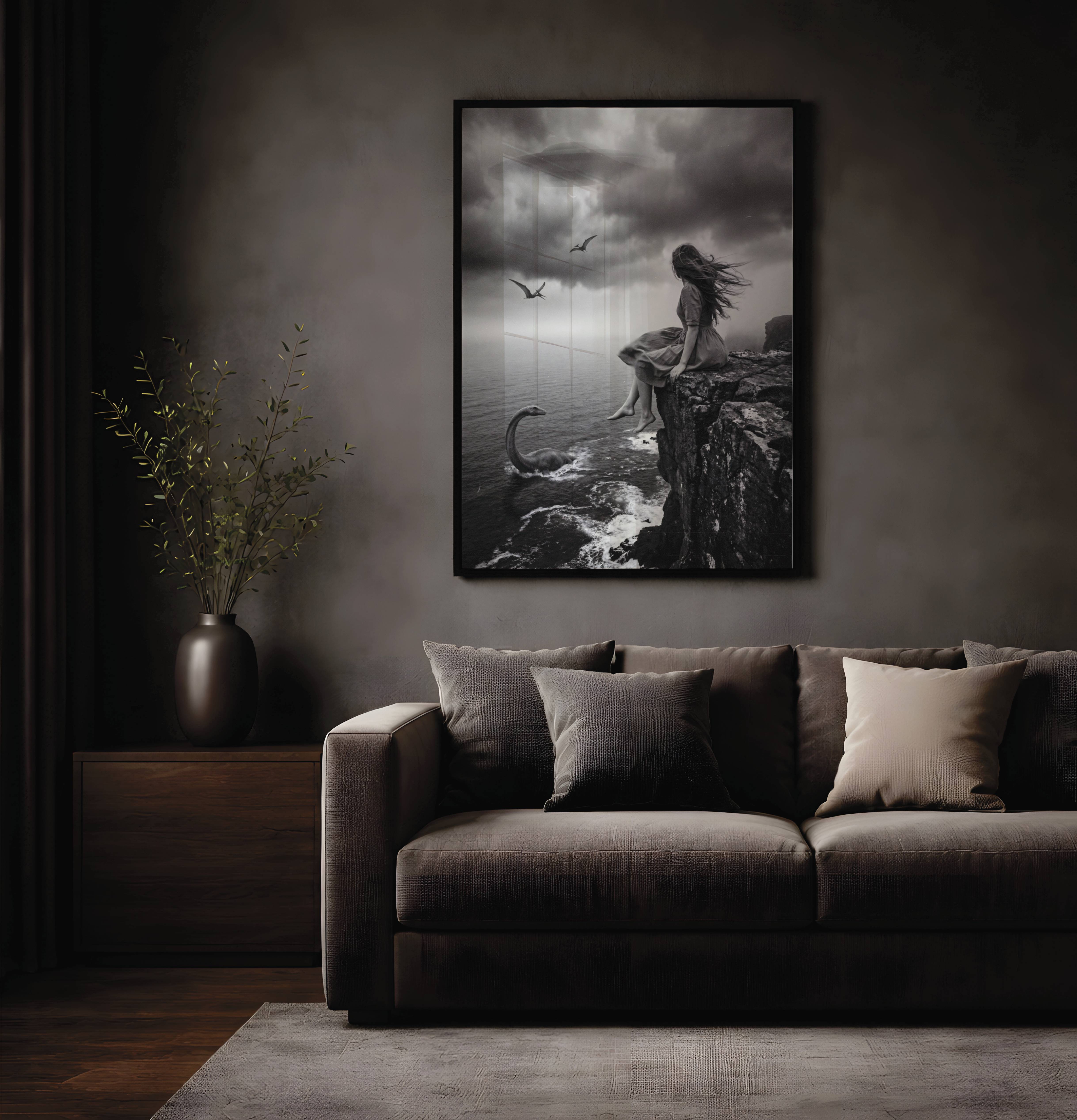 Haunting black and white surreal composition of a windswept barefoot woman walking along a dramatic rocky coastline toward a shipwreck, a glowing UFO beam in dark storm clouds and a unicorn silently watching from a clifftop rock arch — bold dark fantasy living room wall art – unframed moody dark living room poster, ufoposter.com