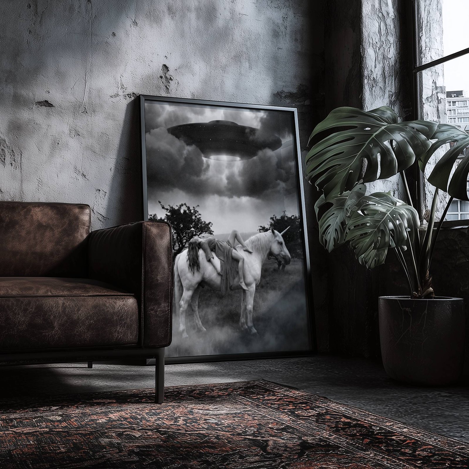 Monochrome art poster of a woman lying across the back of a white unicorn in a misty landscape as a UFO hovers above emitting a dramatic beam of light through dark clouds, displayed in a creative studio or home office to bring surreal artistic depth and visual drama to the workspace.