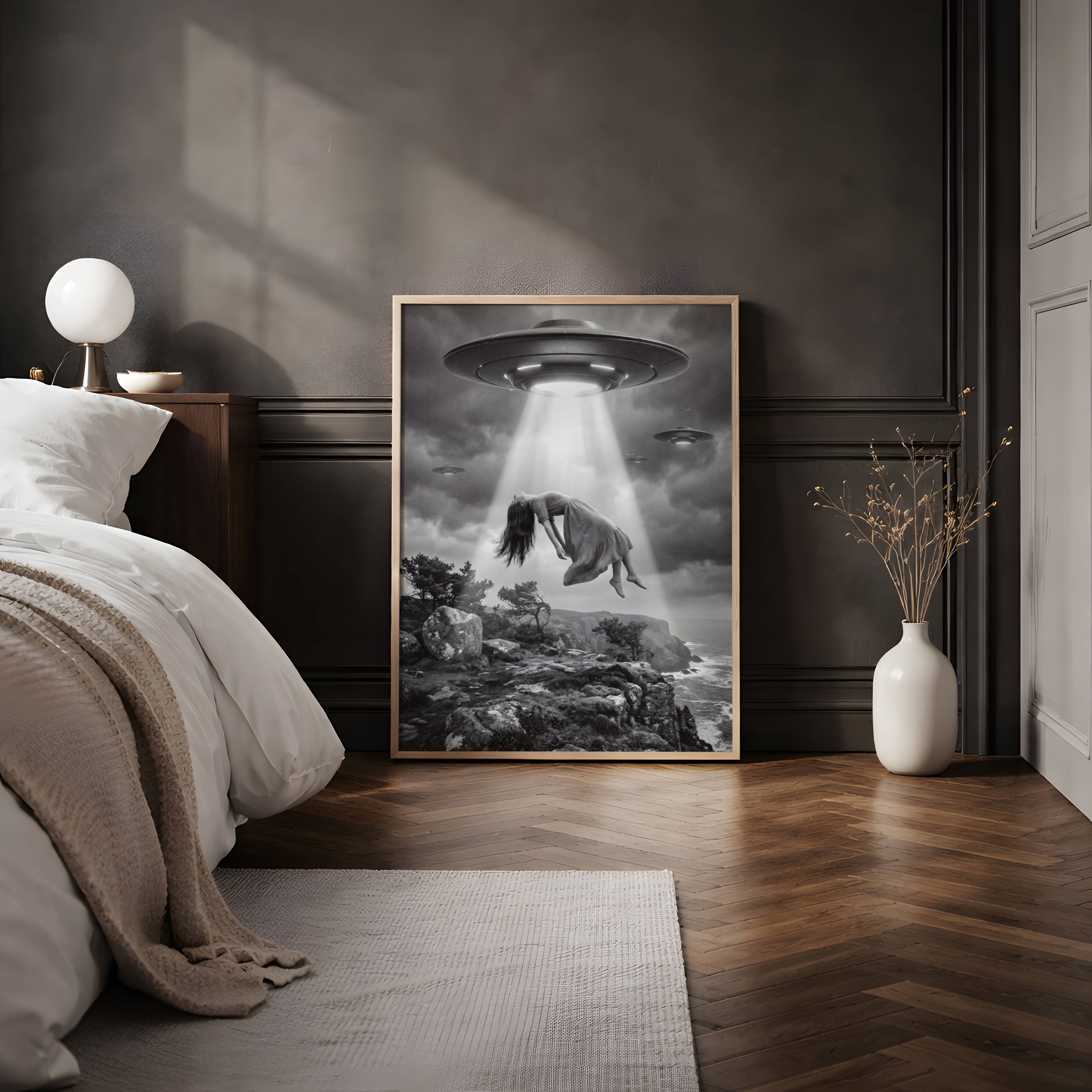 Moody black and white cinematic surreal artwork of a woman being lifted by a massive UFO beam from a dramatic rocky coastline, long hair streaming downward in quiet surrender as two more spacecraft drift through dark storm clouds — atmospheric and distinctive dark bedroom poster – unframed dark sci-fi art for bedroom, ufoposter.com