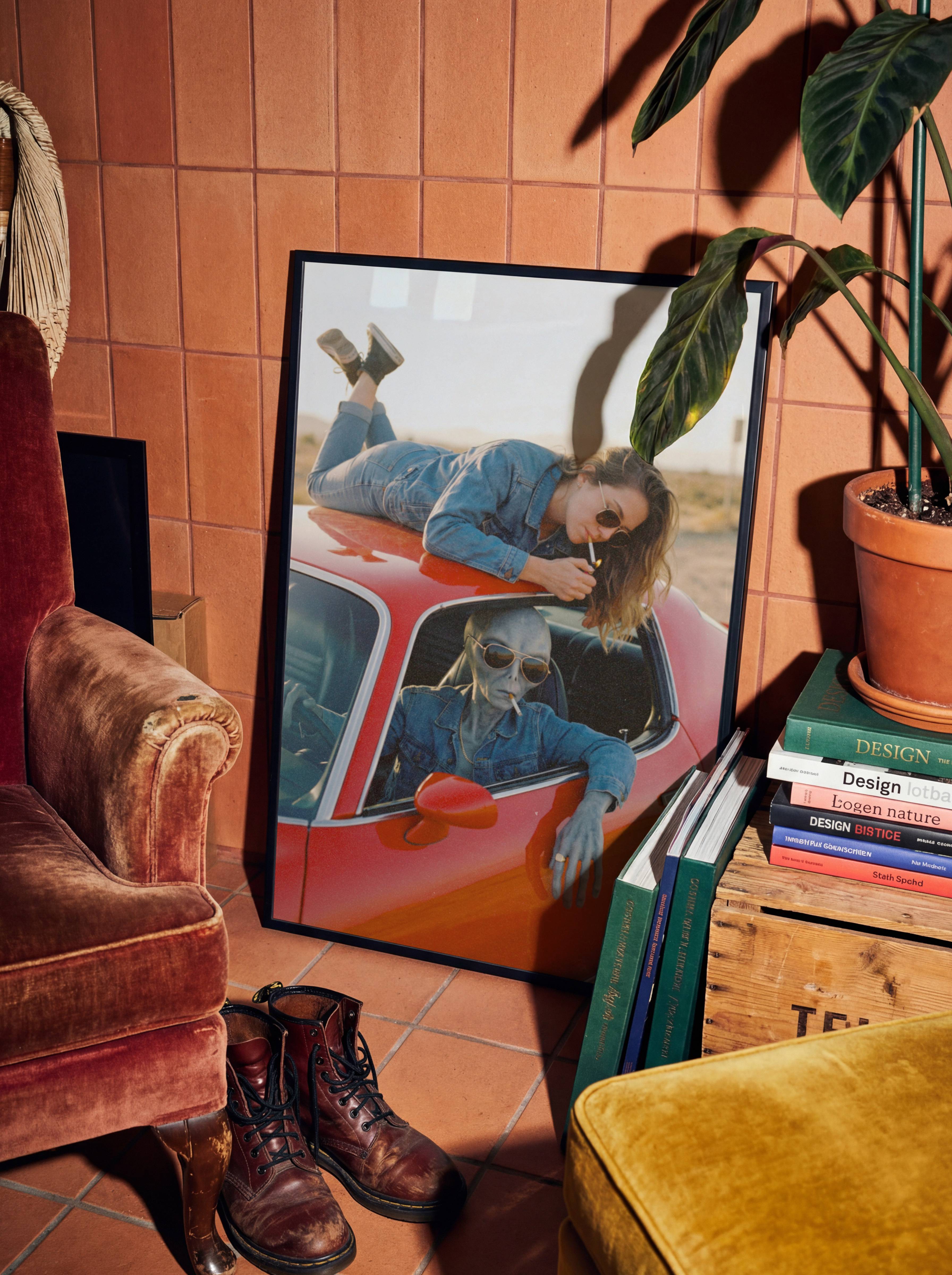 Retro-toned artwork of a grey alien in a denim jacket and aviator sunglasses leaning out of a vintage red car smoking a cigarette while a woman lies on the roof lighting her own – unframed retro alien wall poster, ufoposter.com