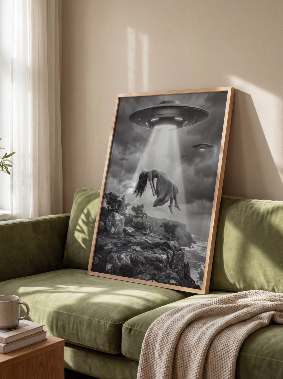 Haunting black and white surreal composition of a woman in quiet surrender floating upward in a massive UFO beam above a rocky coastal clifftop, two more spacecraft in dark storm clouds and a grey churning sea below — bold dark sci-fi living room wall art – unframed moody dark living room poster, ufoposter.com