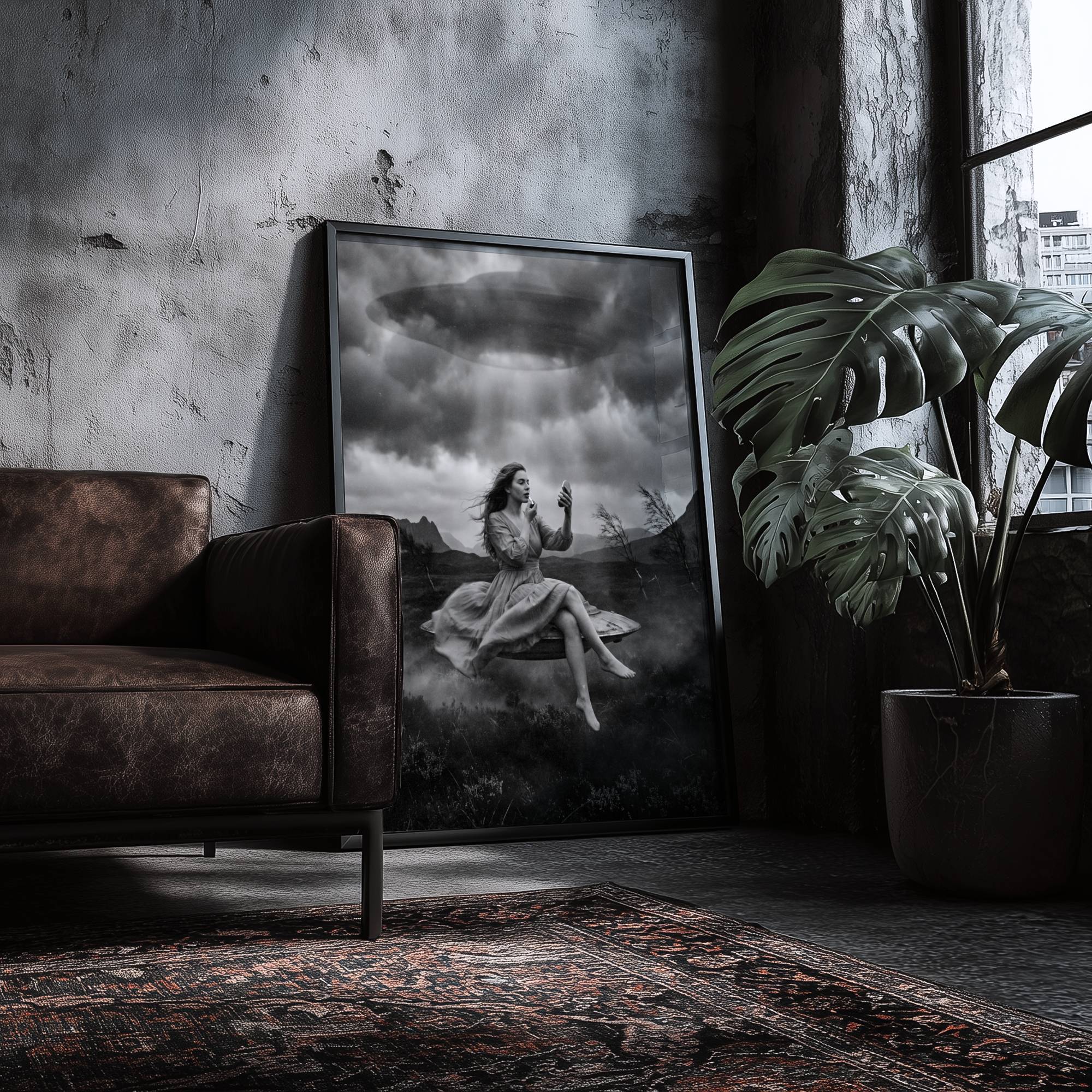 Black and white surreal art print of a woman levitating above a stormy moorland while calmly applying makeup beneath a hovering UFO, included in a gallery wall arrangement with complementary monochrome prints to create a cohesive and atmospheric fine art display.