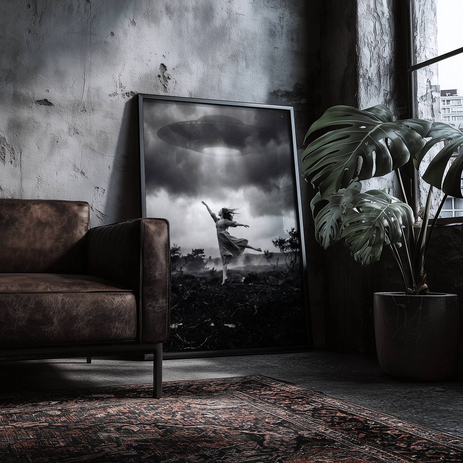 Black and white fine art print of a barefoot woman dancing with arms outstretched beneath a massive UFO emitting a beam of light through a stormy sky over a wild moorland, leaning against a wall in a lifestyle flat lay setting, shown unframed to highlight the premium matte paper quality and rich tonal contrast of this cinematic surreal wall art poster.