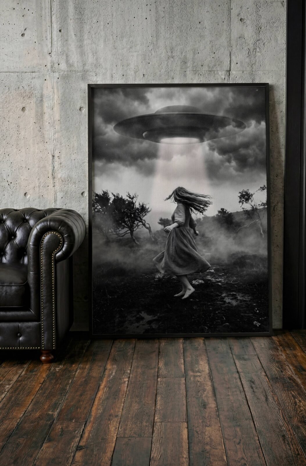 Black and white fine art print of a barefoot woman in a flowing dress being drawn upward from a dark foggy moorland by a powerful UFO beam, her hair swept forward and dress swirling as a massive flying saucer hovers through turbulent storm clouds above twisted bare trees, propped against a wall in a lifestyle floor display to showcase the premium matte paper quality and rich cinematic detail of this surreal sci-fi wall art poster.