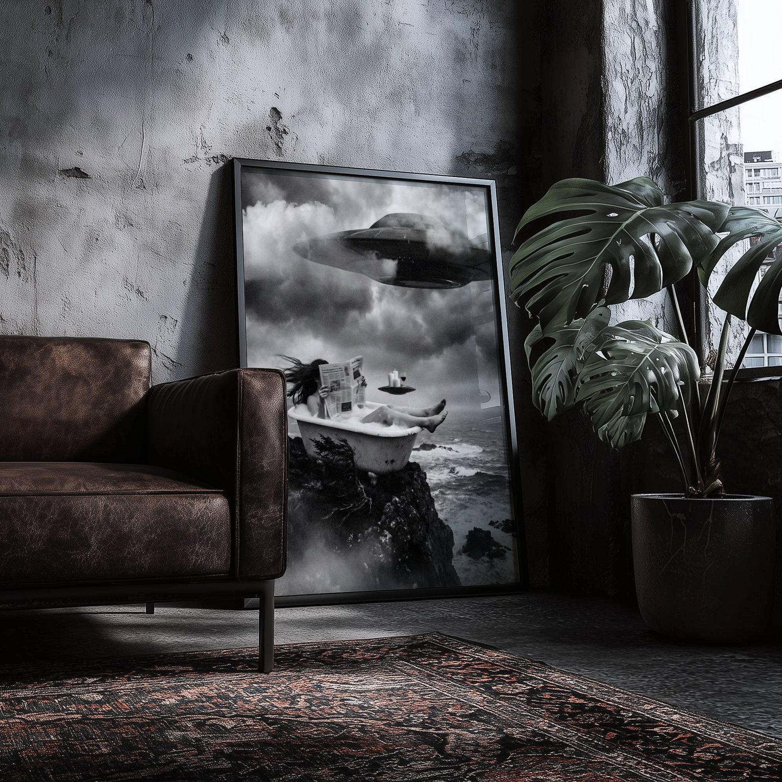Black and white surreal art print of a woman soaking in a clawfoot bathtub on a sea cliff reading a newspaper beneath a massive UFO in a dramatic stormy sky,