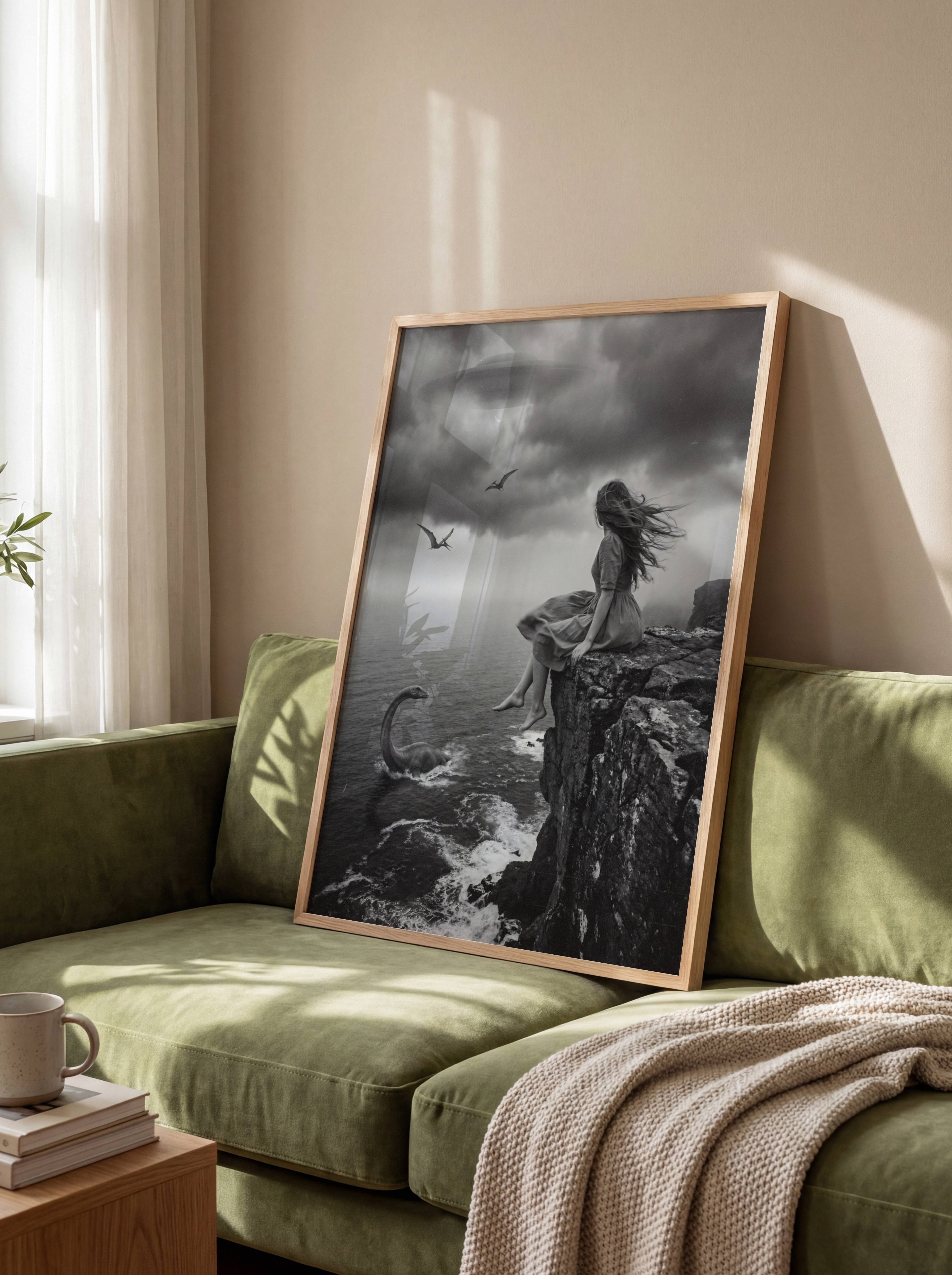 Deeply cinematic black and white surreal artwork of a barefoot woman in a windswept dress on a dramatic rocky coast, a shipwreck in crashing waves, a UFO beam through storm clouds and a unicorn on a clifftop arch