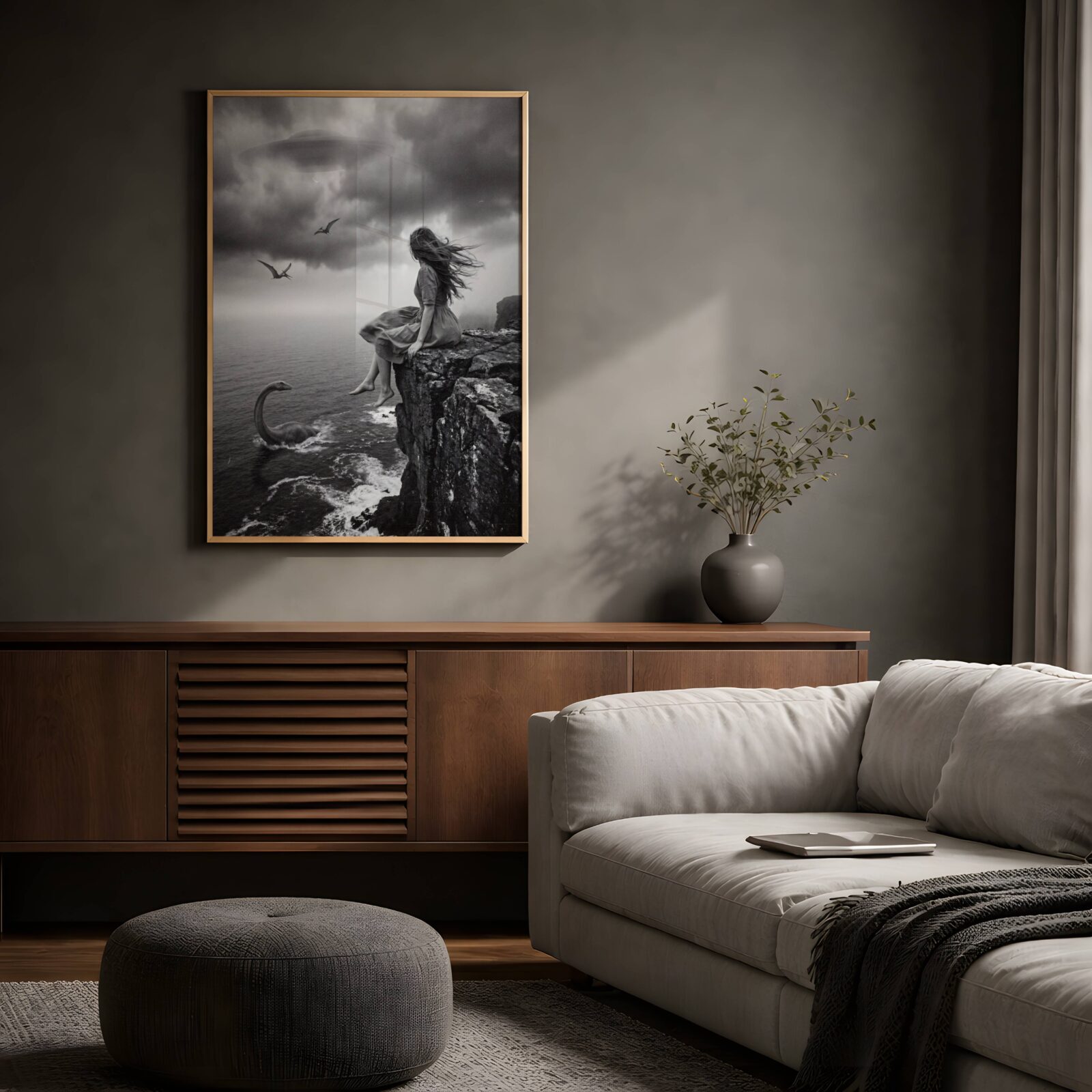 Moody black and white cinematic surreal artwork of a windswept barefoot woman walking toward a shipwreck in stormy seas, a glowing UFO beam above in dark storm clouds and a unicorn perched impossibly on a rocky clifftop arch