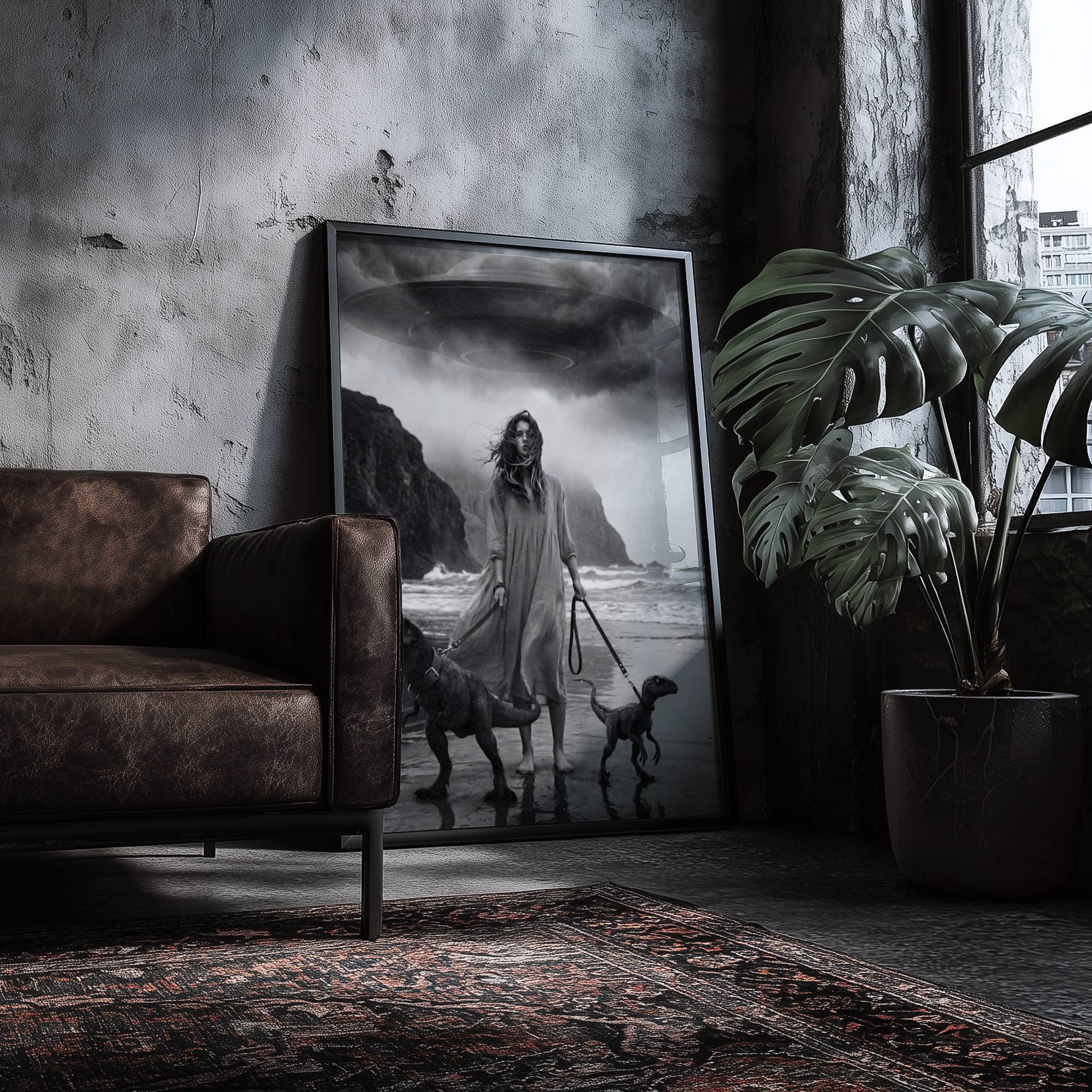 Black and white fine art print of a woman in a flowing dress on a wild stormy beach leaning against a wall in a lifestyle flat lay setting, shown unframed to highlight the premium matte paper quality and rich tonal contrast of this cinematic wall art poster.