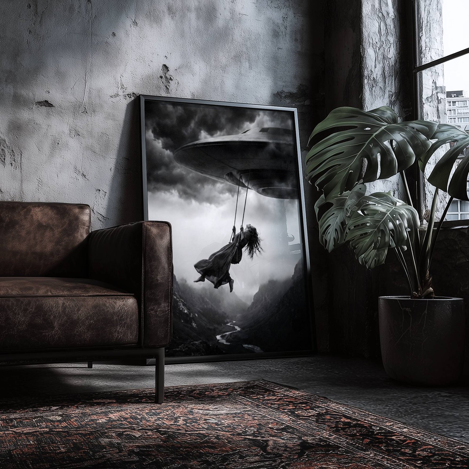 Monochrome art poster of a woman swinging from a rope attached to a hovering UFO above a misty mountain landscape under storm clouds, displayed in a creative studio or home office to bring surreal artistic depth and visual drama to the workspace.