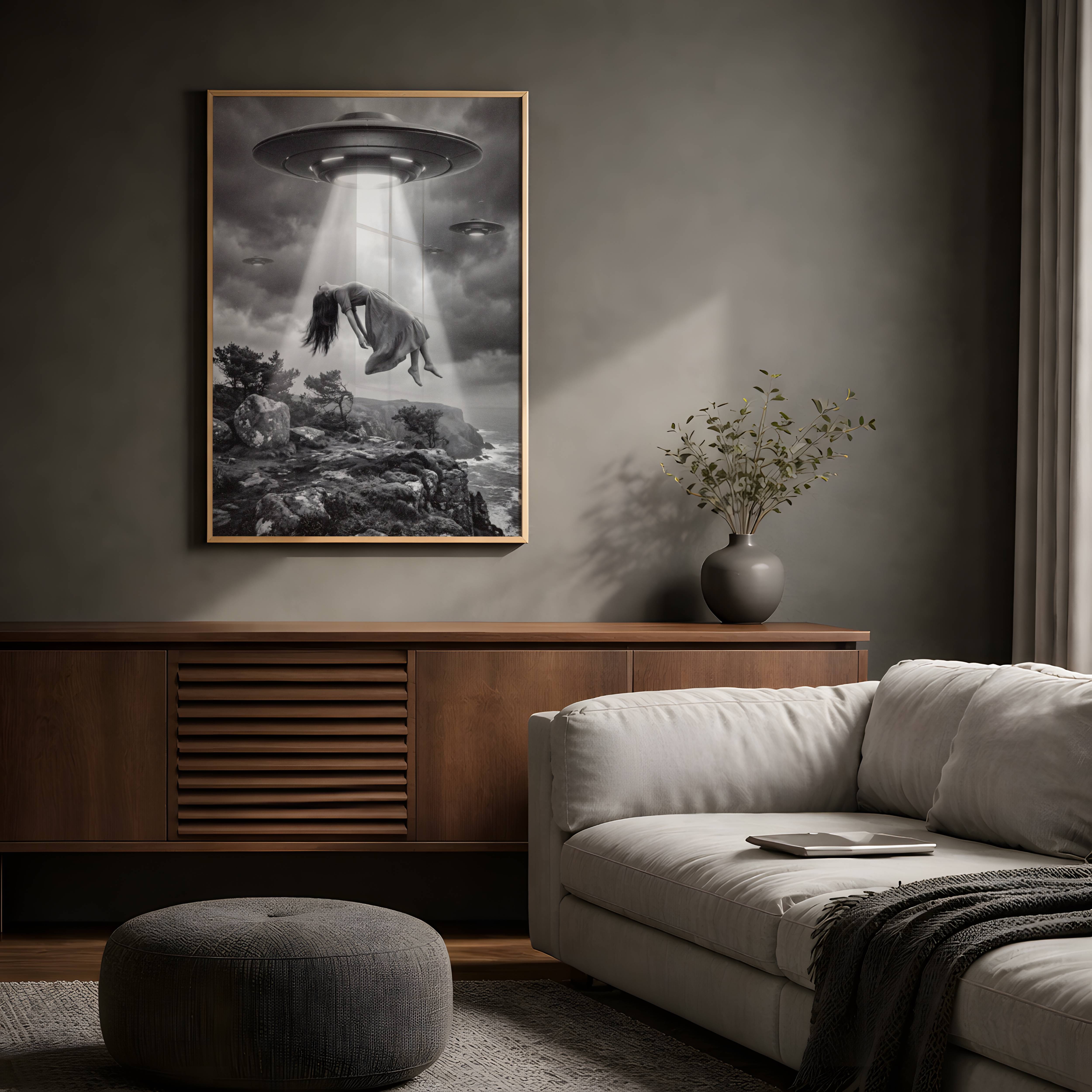 Deeply cinematic black and white surreal artwork of a woman floating limp in a blinding UFO beam above a dramatic rocky coastal clifftop, windswept pine trees below and two more spacecraft visible through heavy storm clouds — striking dark surreal living room wall decor – unframed atmospheric dark living room poster, ufoposter.com