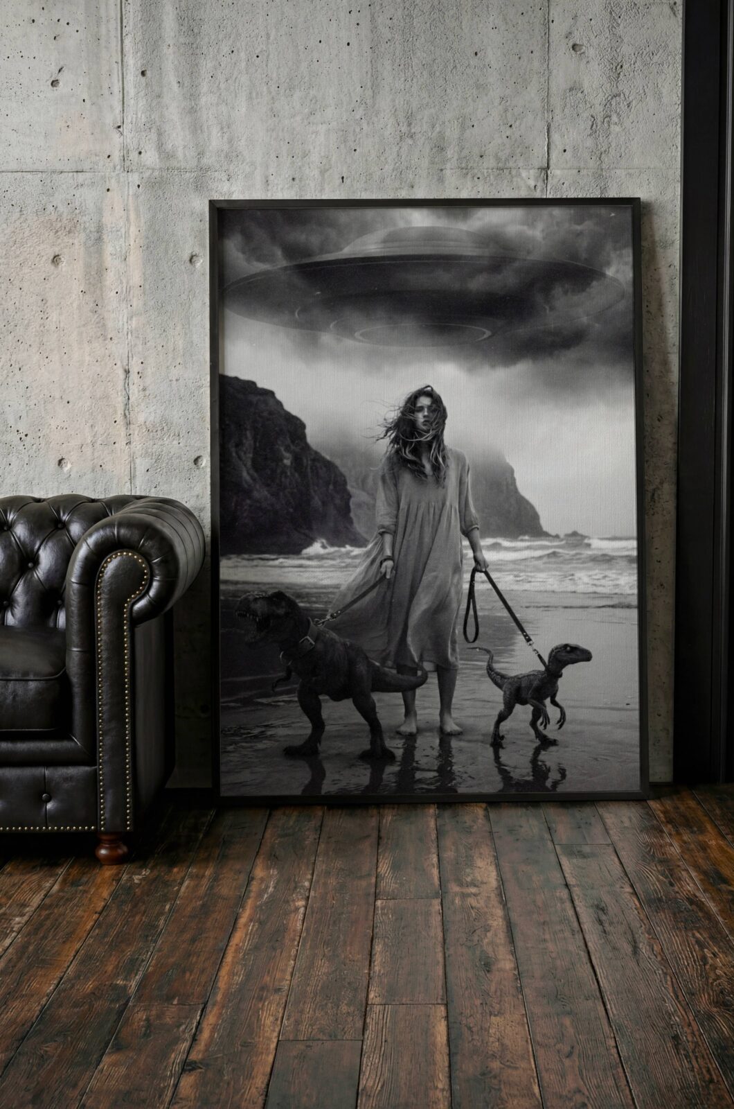 Black and white cinematic art print of a woman on a dramatic stormy beach included in a gallery wall arrangement, combining with complementary monochrome prints to create a cohesive and atmospheric fine art display.